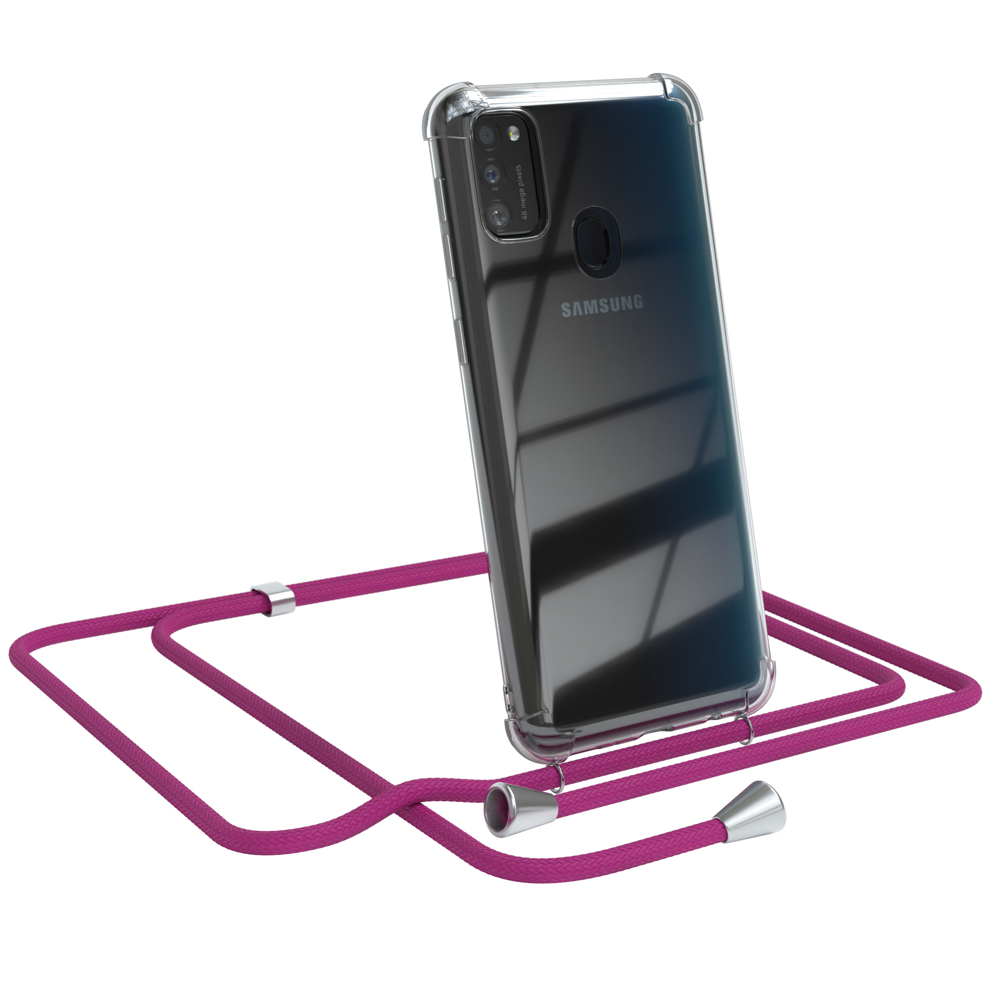 Telefon in klarer Hülle mit pinkfarbenem Umhängeband. Samsung-Logo sichtbar.