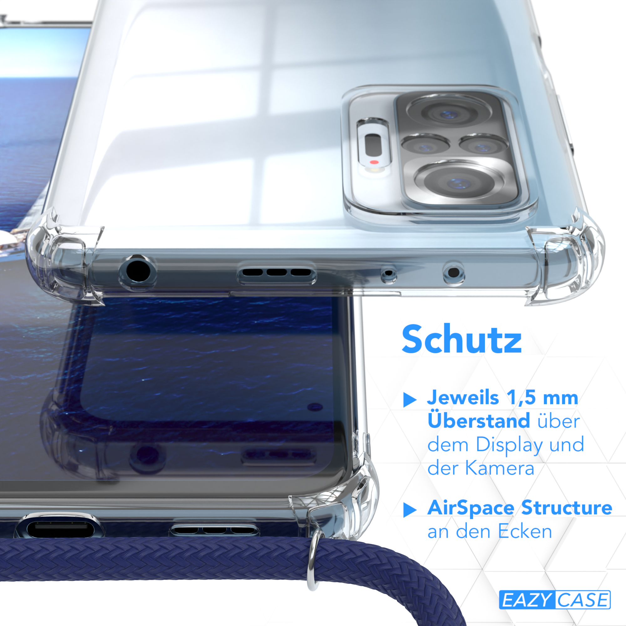 Nahaufnahme von Handyhüllen. Der Text sagt 'Schutz' und zeigt Funktionen wie 'AirSpace Structure'.
