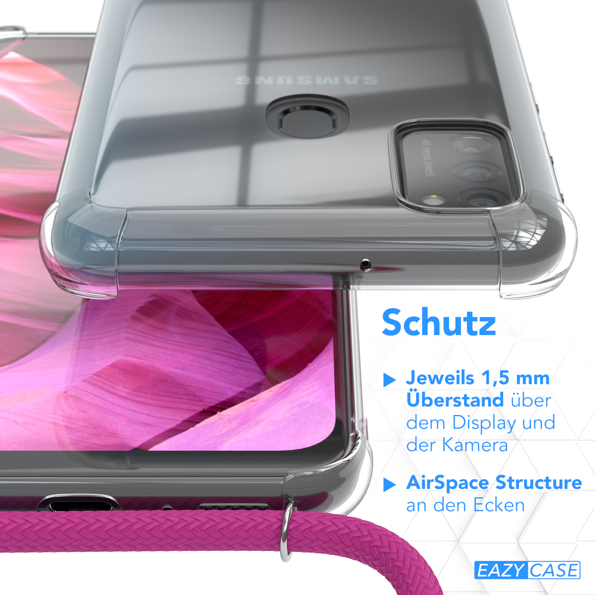 Samsung, CASE Umhängetasche, Umhängeband, mit Clips EAZY / Cover Silber Pink M30s Galaxy M21, / Clear