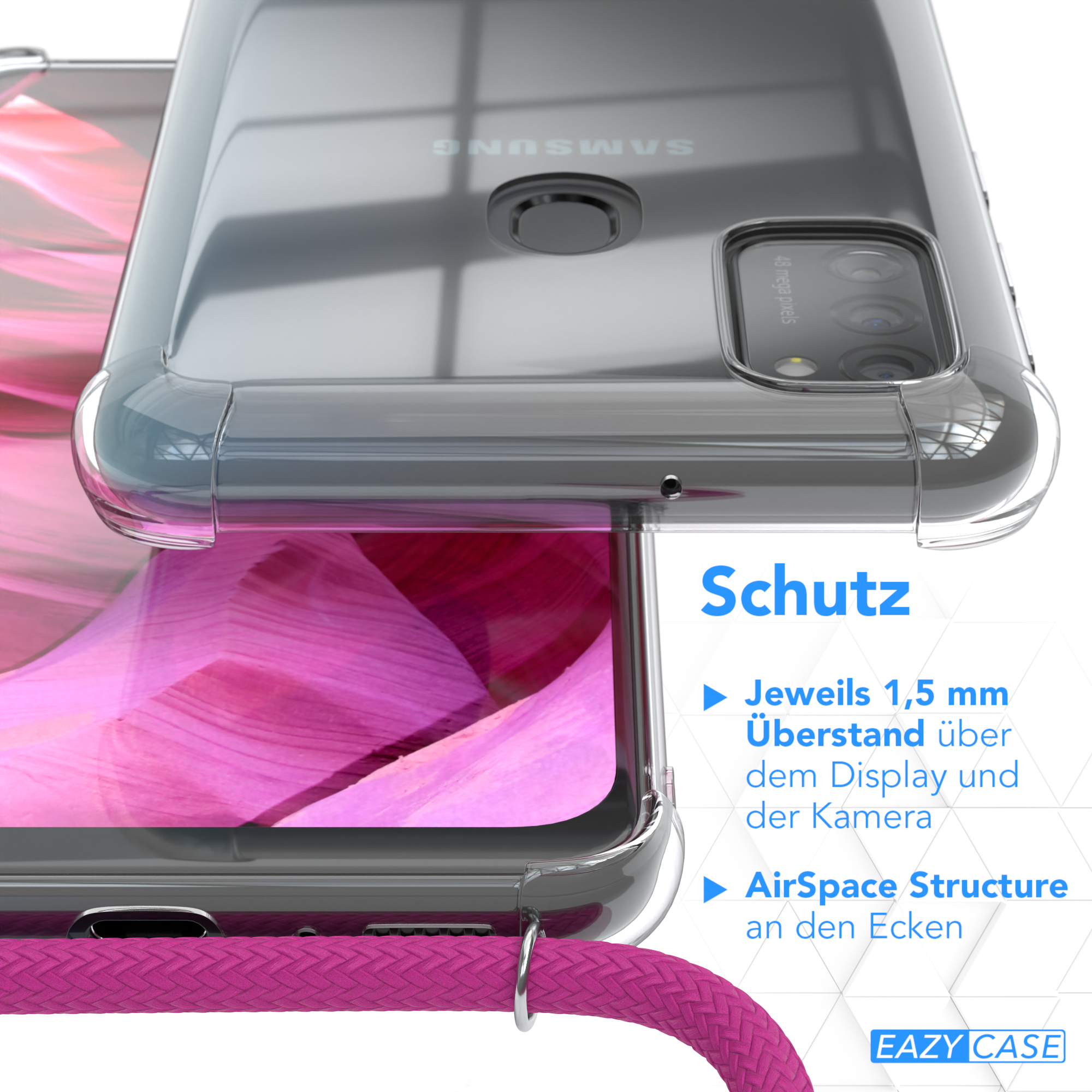 Transparente Handyhülle mit Text, der Display- und Kameraschutzfunktionen beschreibt.