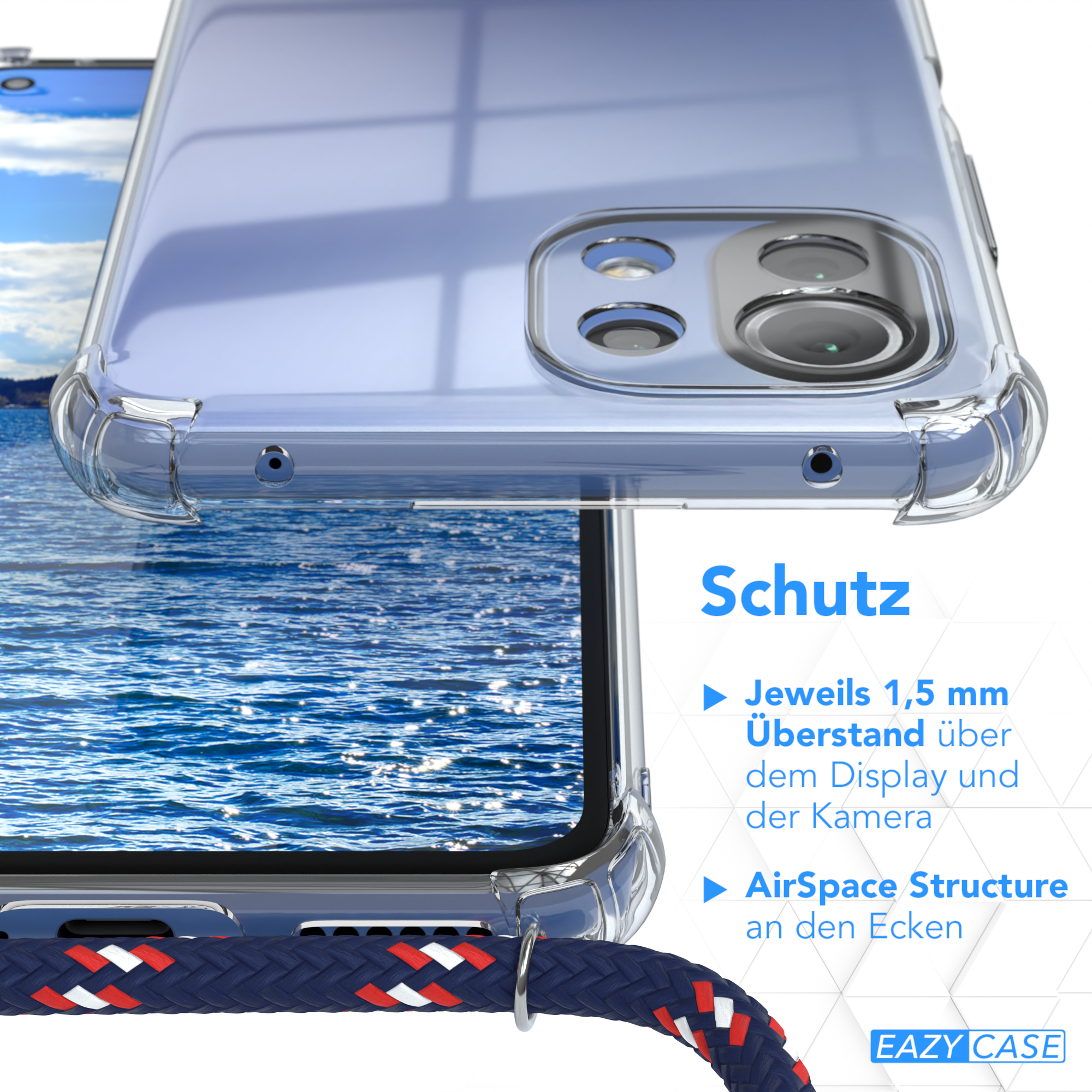 Handyhülle mit Wasserhintergrund, Text 'Schutz' und 'AirSpace Structure an den Ecken'.