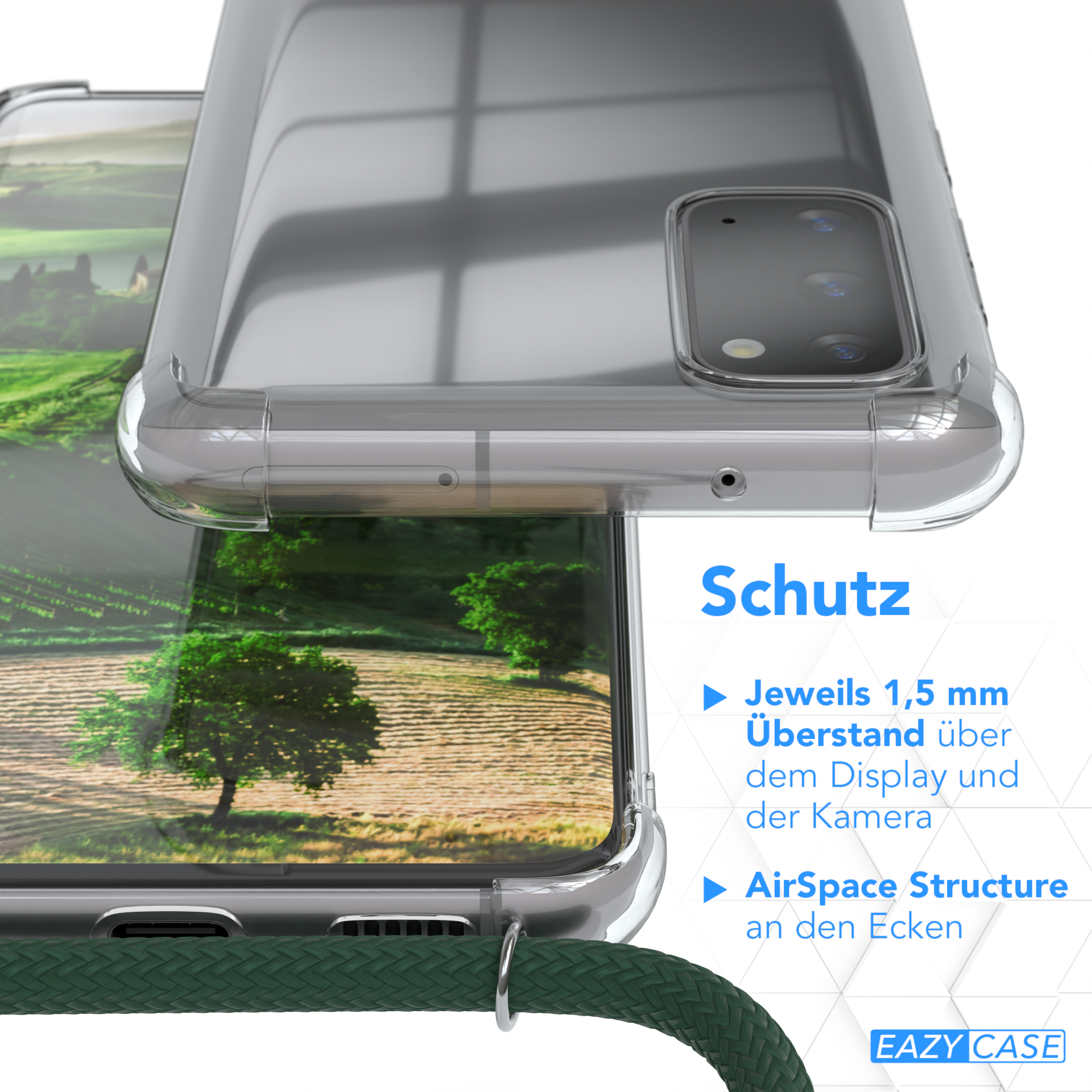 Nahaufnahme der Handyhülle, die ihre Designmerkmale und Text über Schutz und Display zeigt.