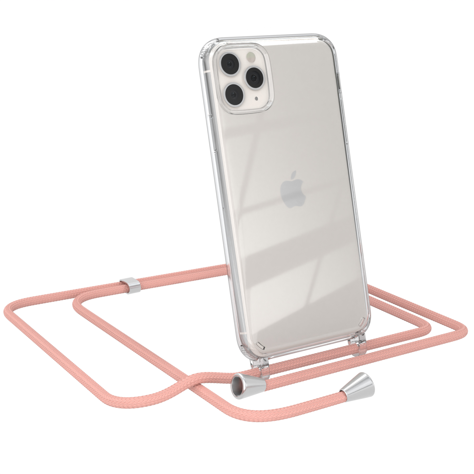 Transparente Handyhülle mit pinkfarbenem Kabel. Telefon ist angewinkelt, mit Apple-Logo auf der Rückseite.