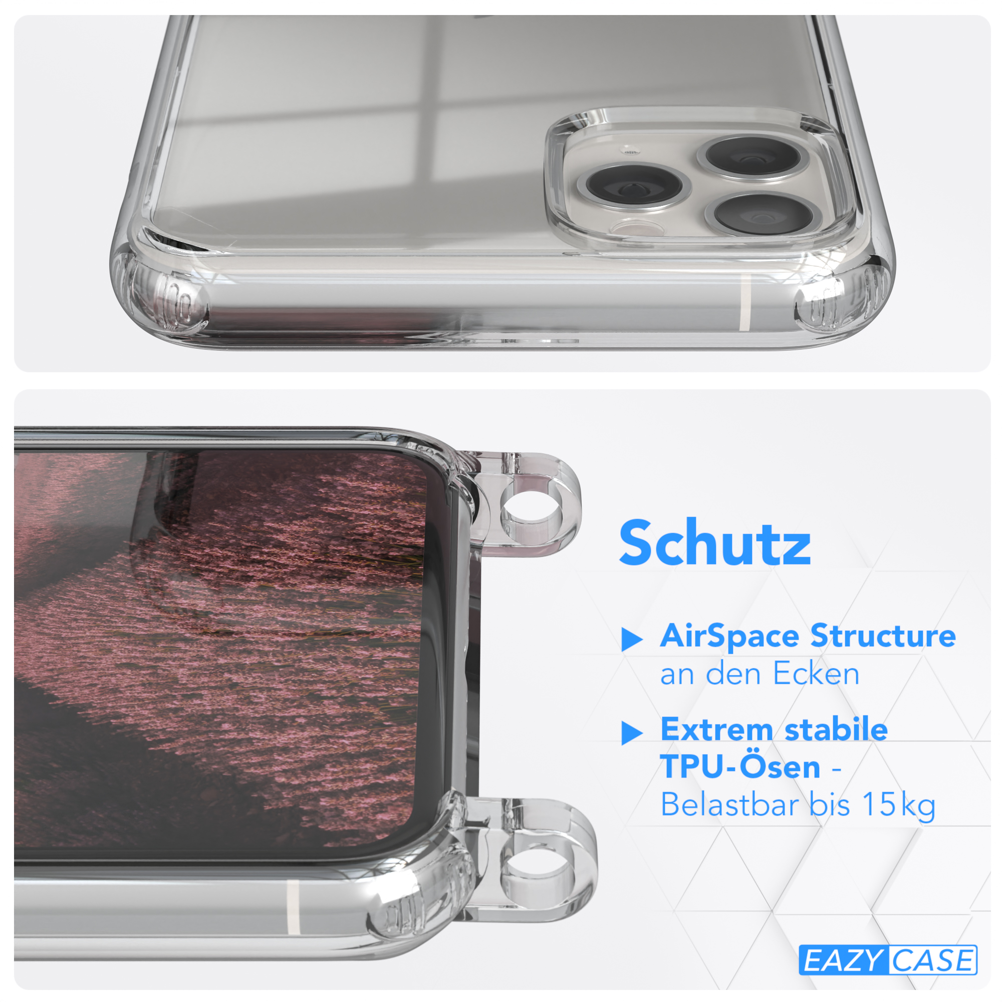 Nahaufnahme einer Handyhülle mit Details zum Schutz und einem schwarzen Riemen.