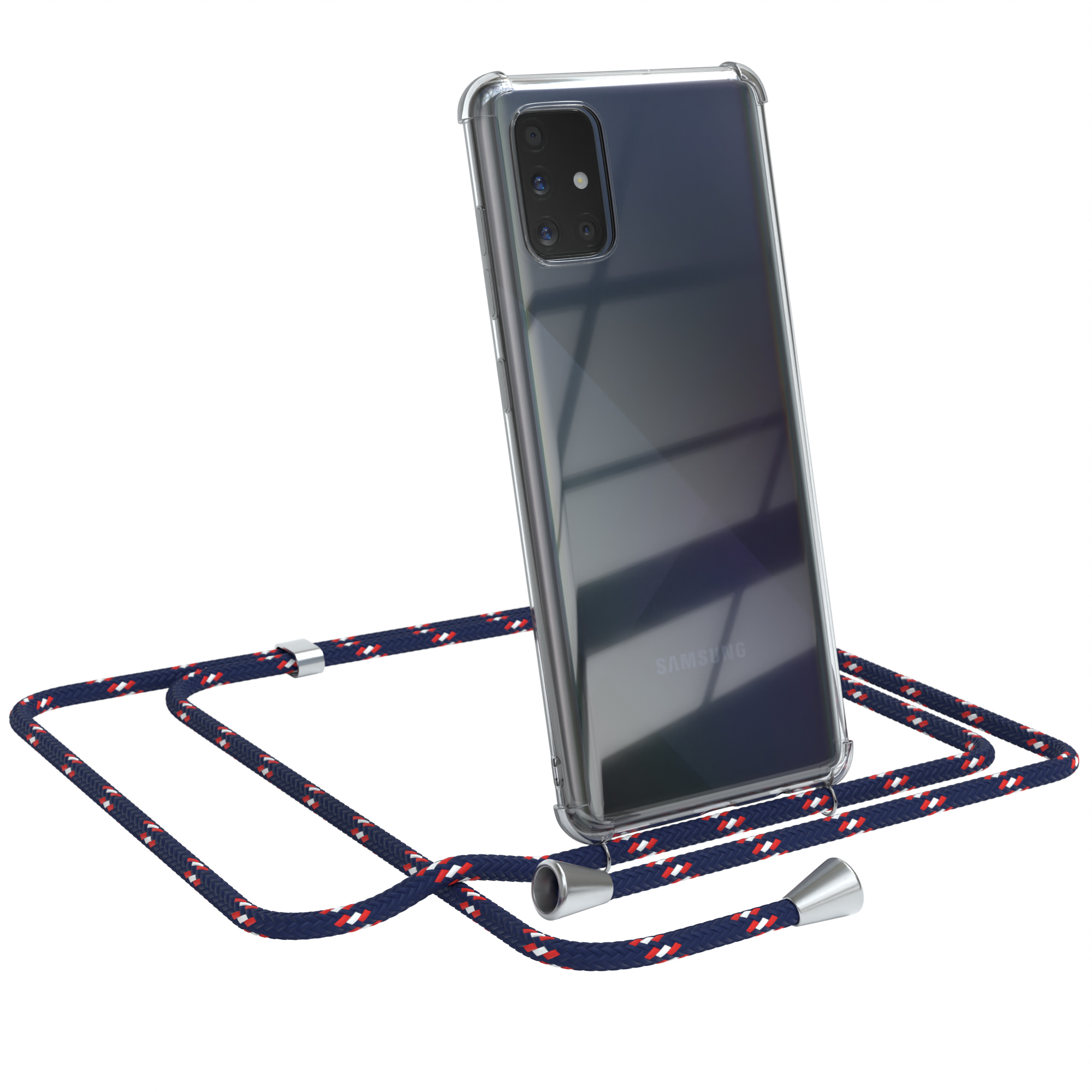 Transparente Handyhülle mit blauem Kordel. Samsung sichtbar. Weißer Hintergrund.