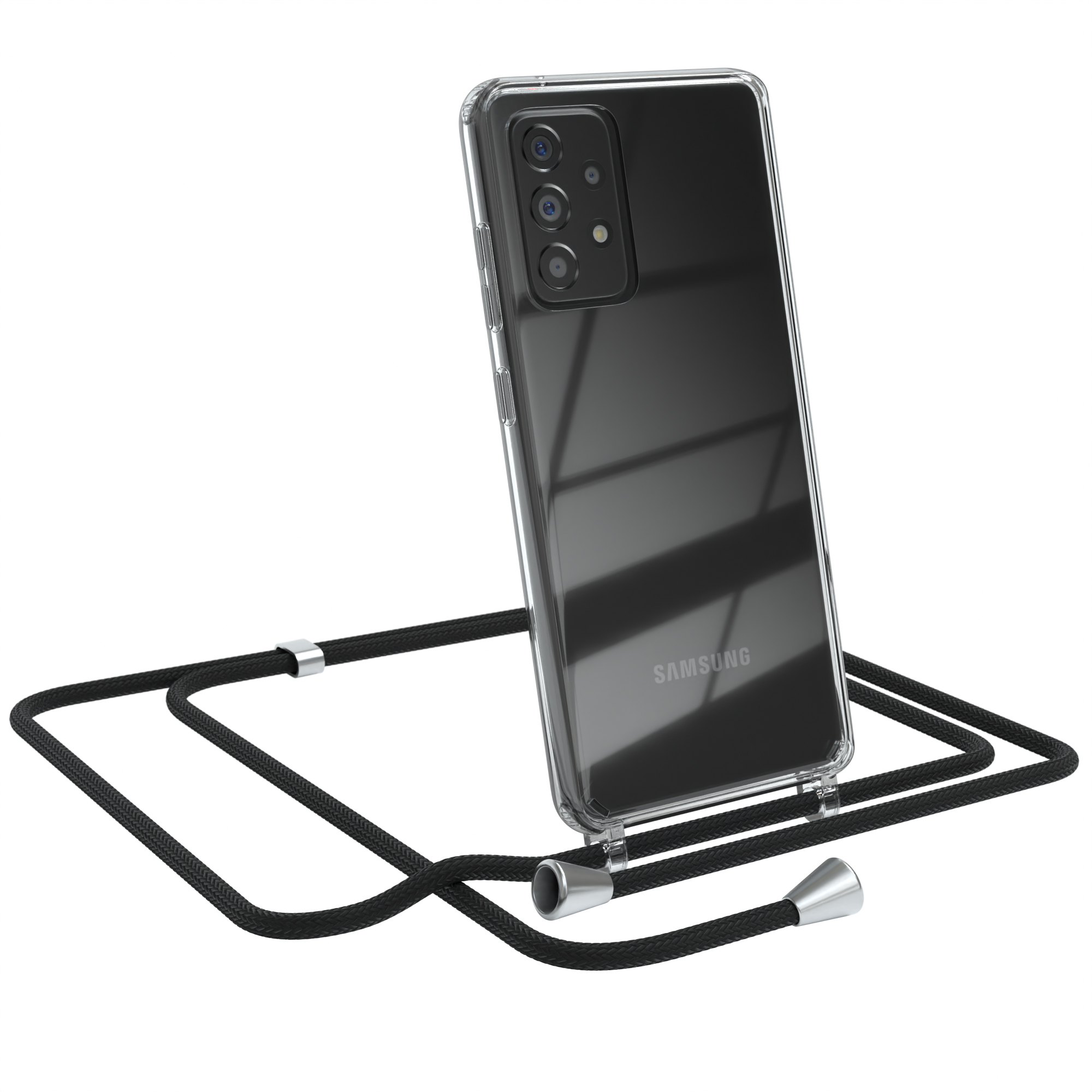 Transparente Handyhülle mit schwarzem Umhängeband, Samsung-Logo. Weißer Hintergrund.