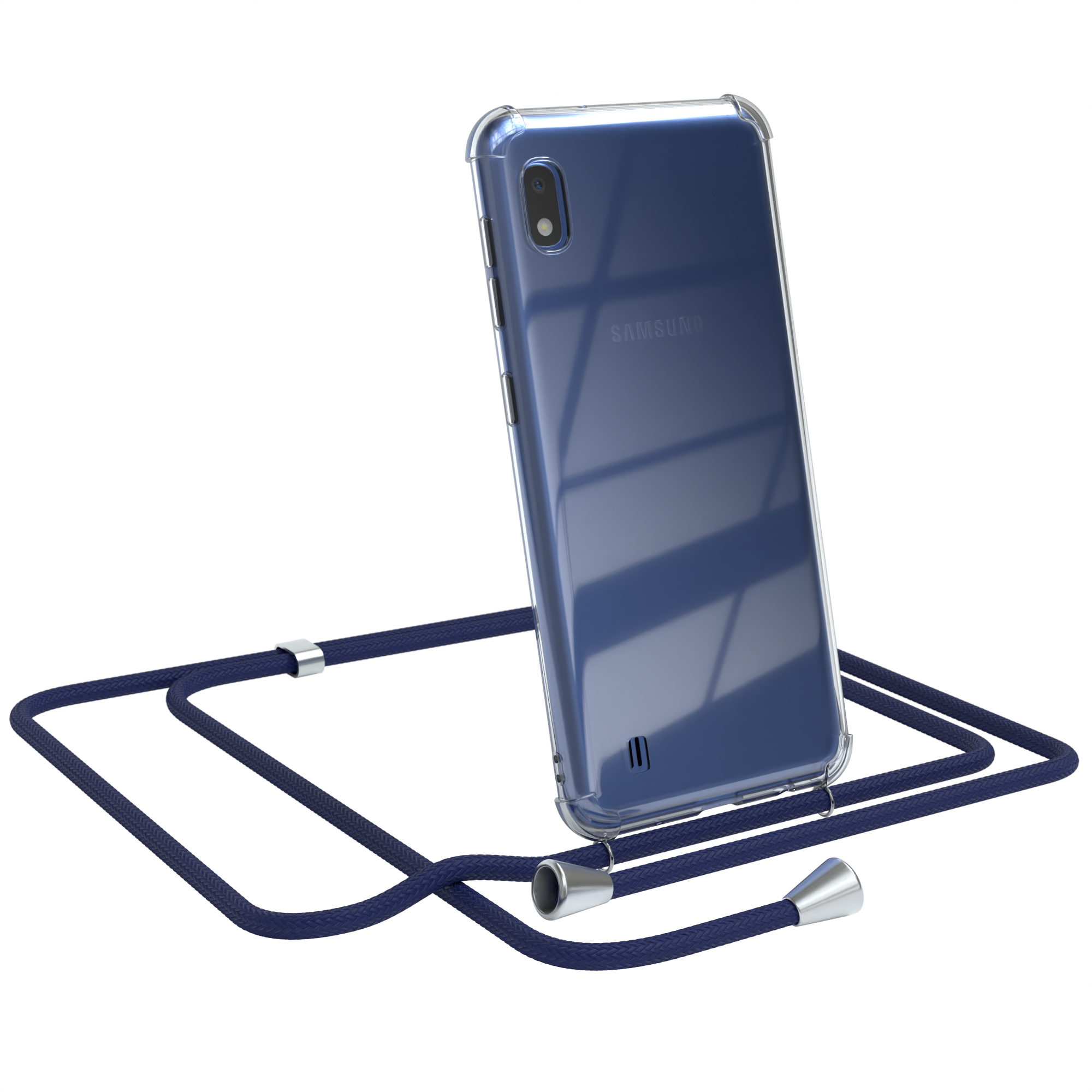 Ein Telefon in einer transparenten Hülle mit einem blauen Kabel. Weißer Hintergrund.