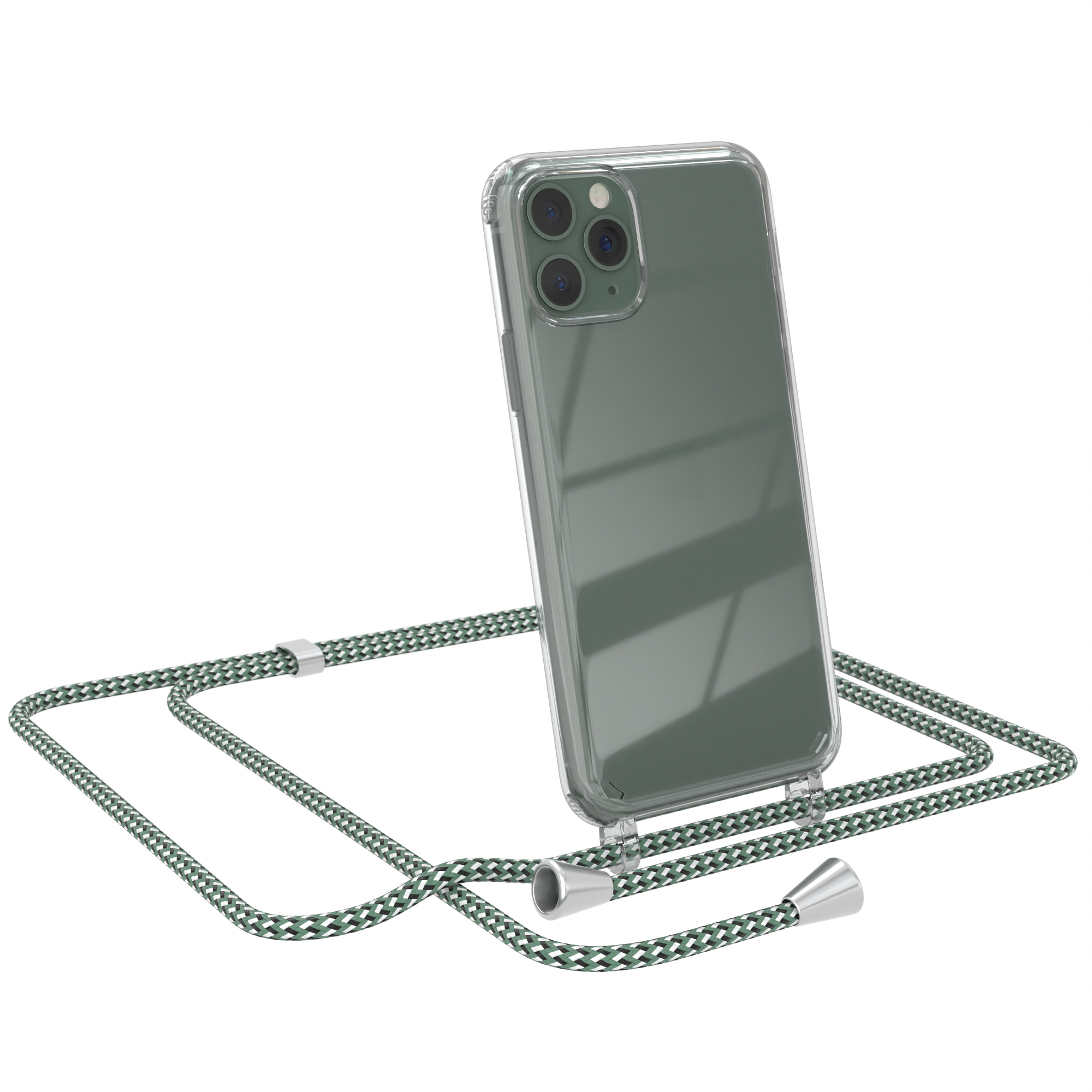 Telefon mit transparenter Hülle und grün/cremefarbenem Riemen. Apple-Logo sichtbar.