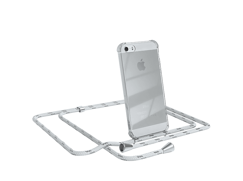 EAZY CASE Clear Cover mit Umhängeband, Umhängetasche, Apple, iPhone SE 2016, iPhone 5 / 5S, Weiß / Clips Silber