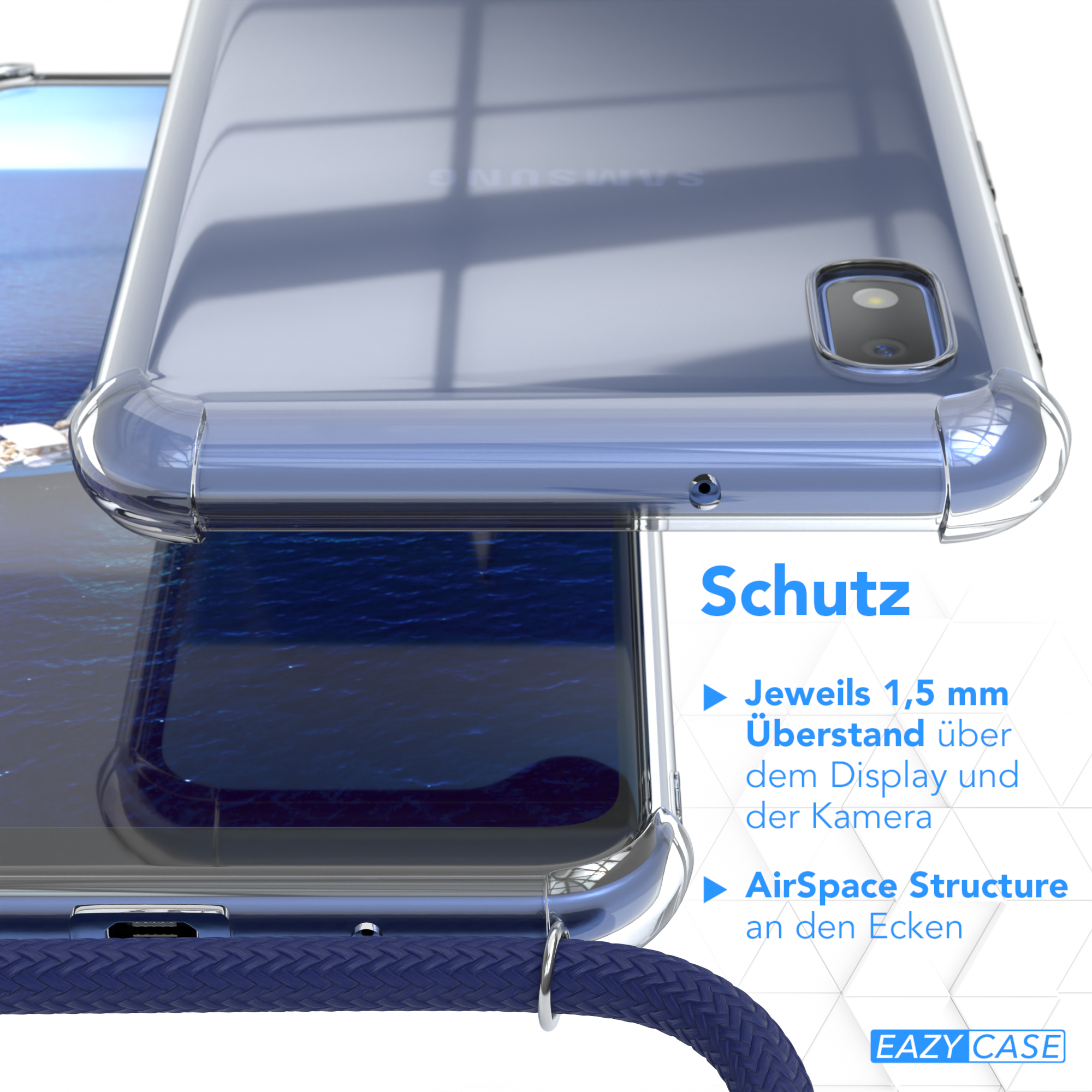 Nahaufnahme eines Telefons in einer transparenten Hülle. Schutzmerkmale sind blau hervorgehoben.