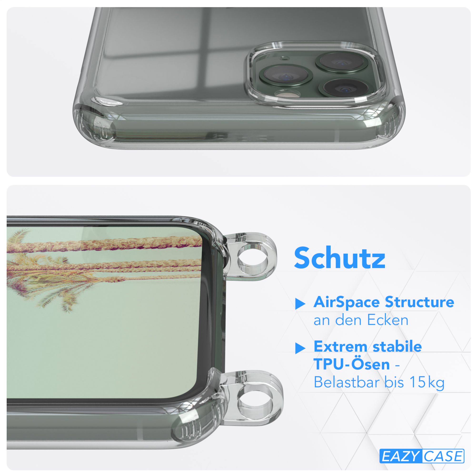 Transparente Handyhülle, Rück- und Seitendetails. Text auf Deutsch.