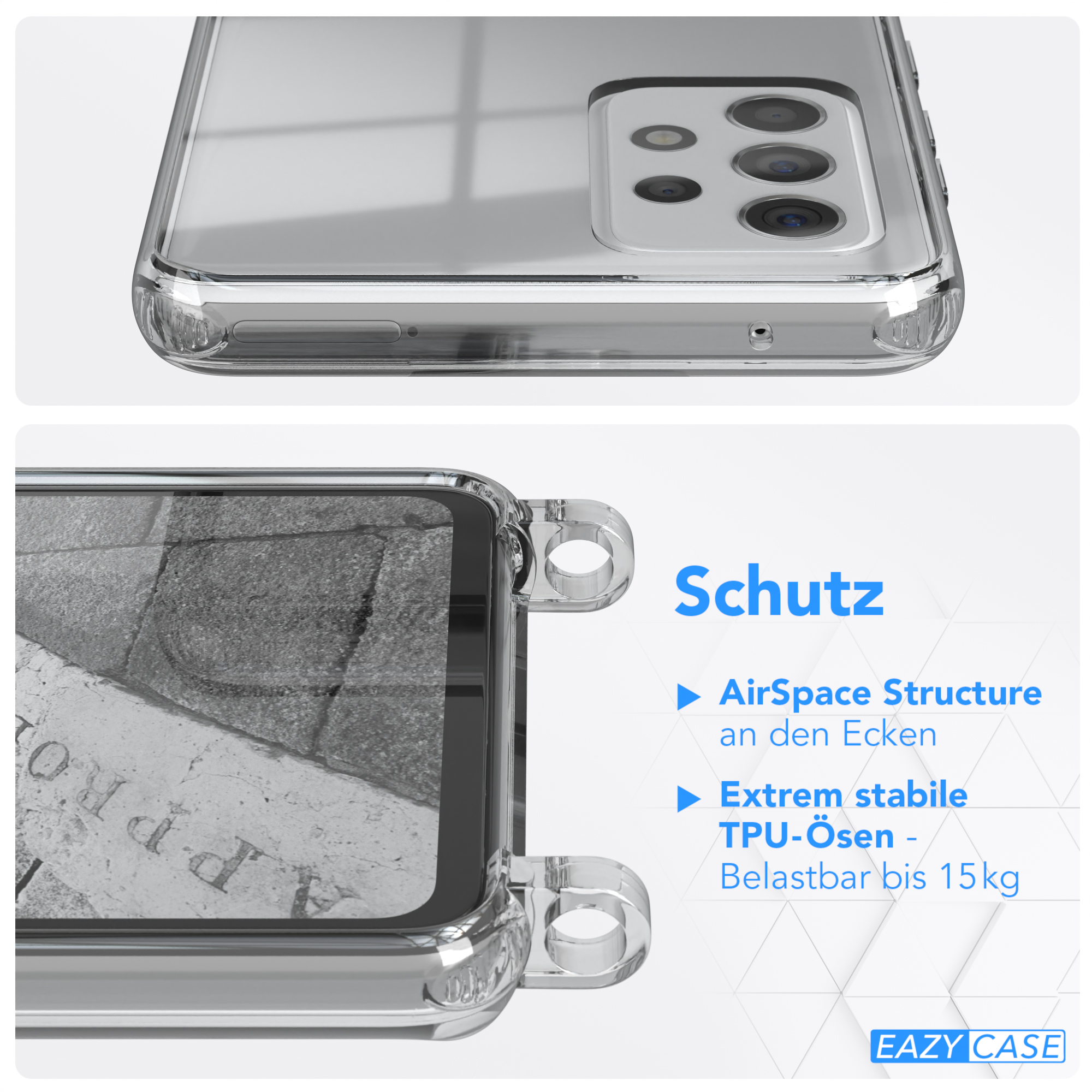 Nahaufnahme Telefon in klarer Hülle. Text: Schutz. AirSpace Struktur, extrem stabile TPU-Ösen. Belastbar bis 15 kg.