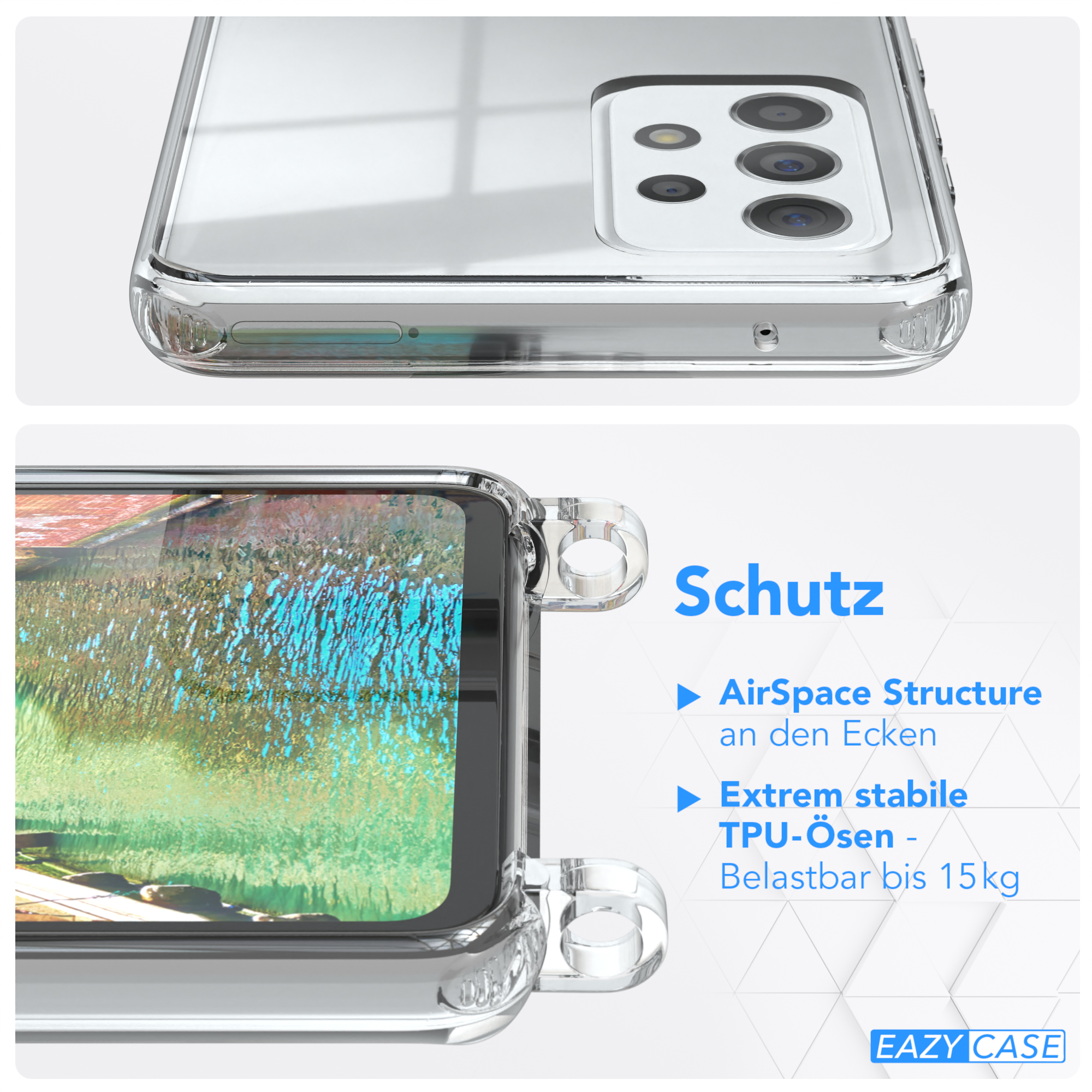 Transparente Handyhülle auf einem Telefon. Text: 'Schutz' und Merkmale. Grüner Telefonkordel-Detail.