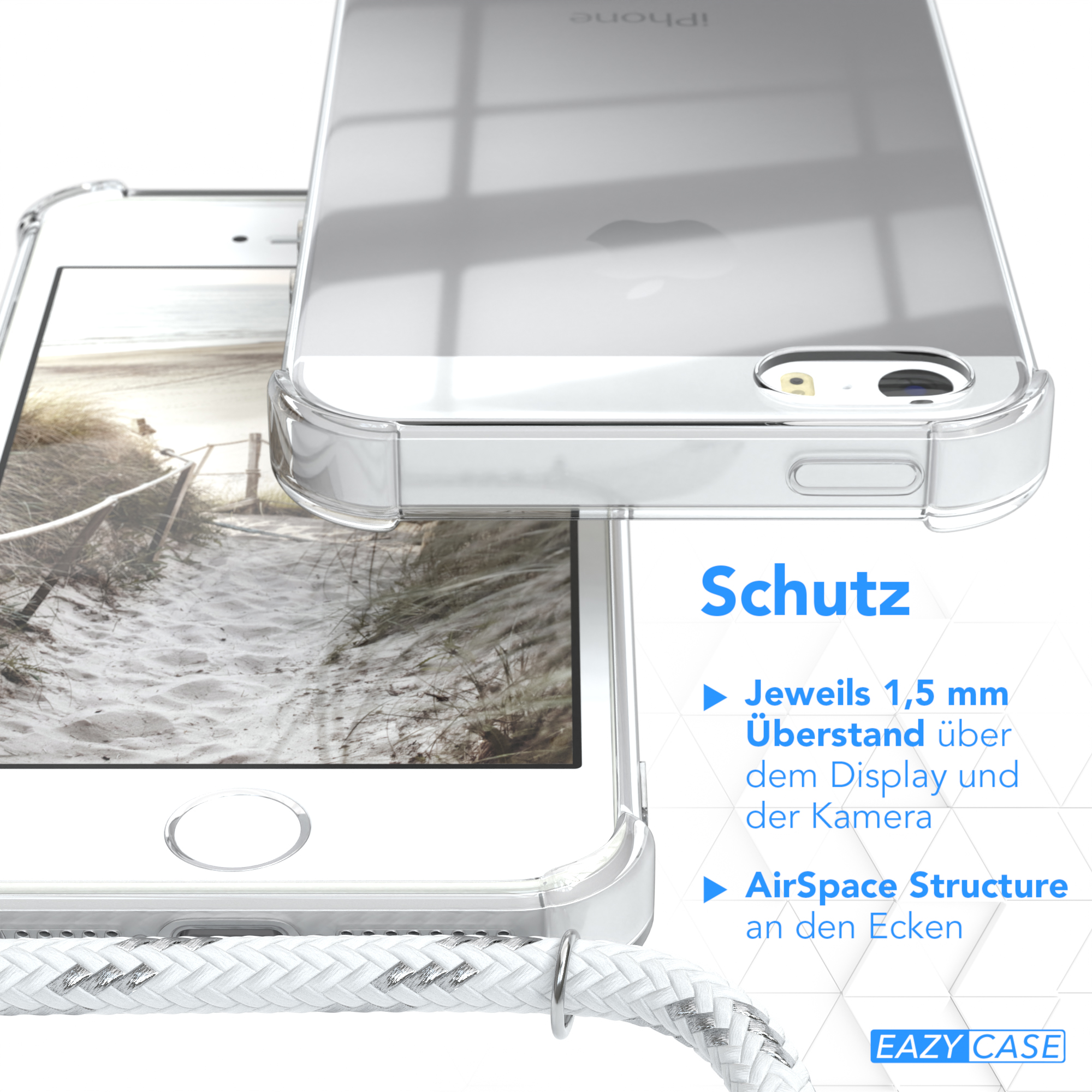 Nahaufnahme einer Handyhülle. Text sagt: 1,5 mm Rand, AirSpace Structure in den Ecken. Eazy Case-Logo vorhanden.