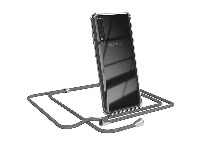 EAZY CASE Clear Cover mit Umhängeband, Umhängetasche, Samsung, Galaxy A50 / A50s / A30s, Grau / Clips Silber