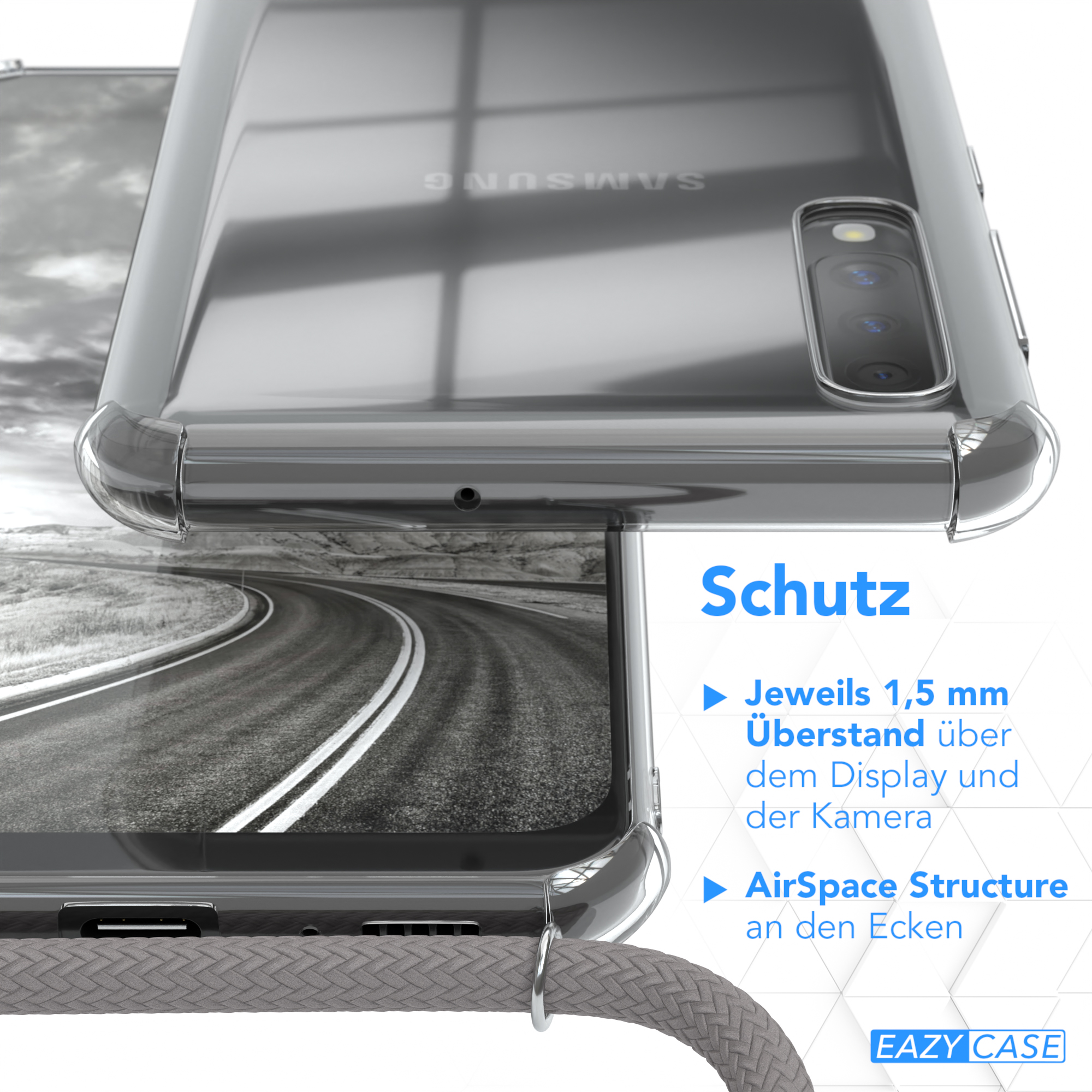 Transparente Handyhülle mit Schutzmerkmalen an den Rändern. Im Hintergrund ist eine Autobahn zu sehen.