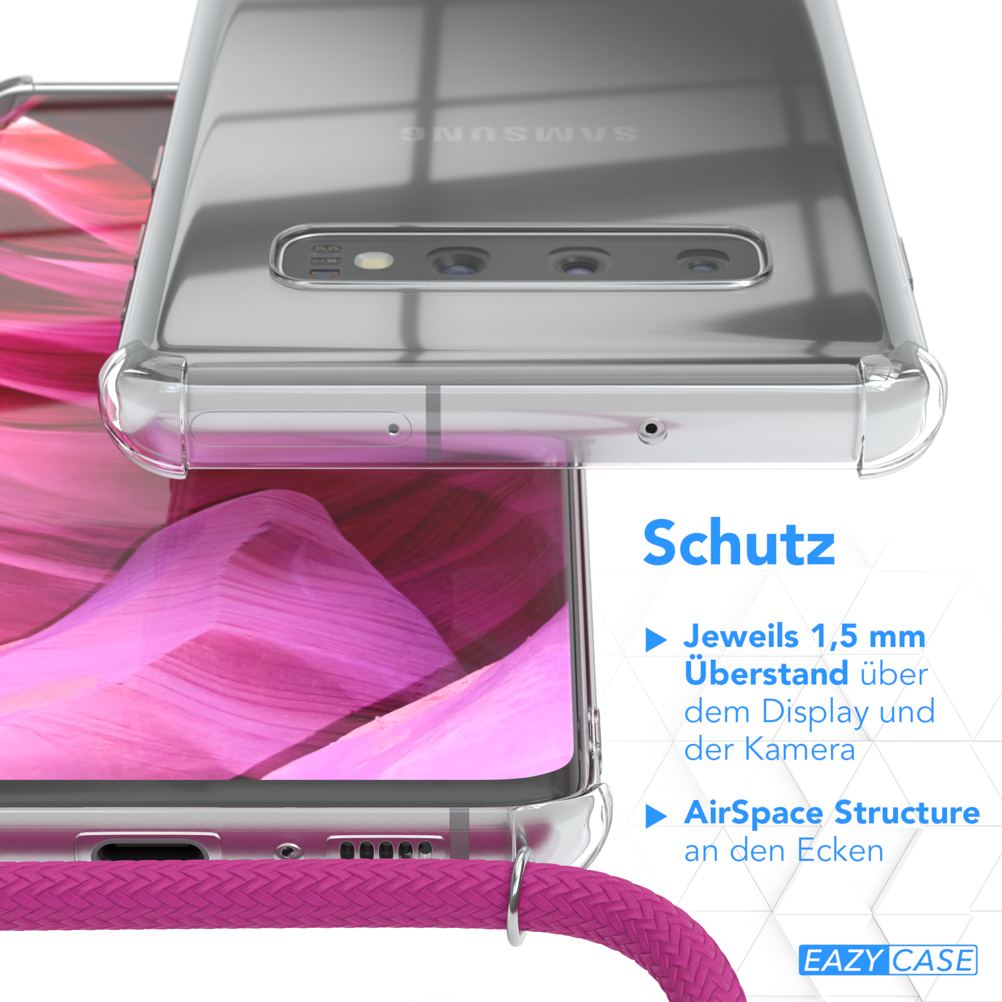 Nahaufnahme einer durchsichtigen Handyhülle mit pinkfarbenem Lanyard-Detail und dem Wort 'Schutz'.