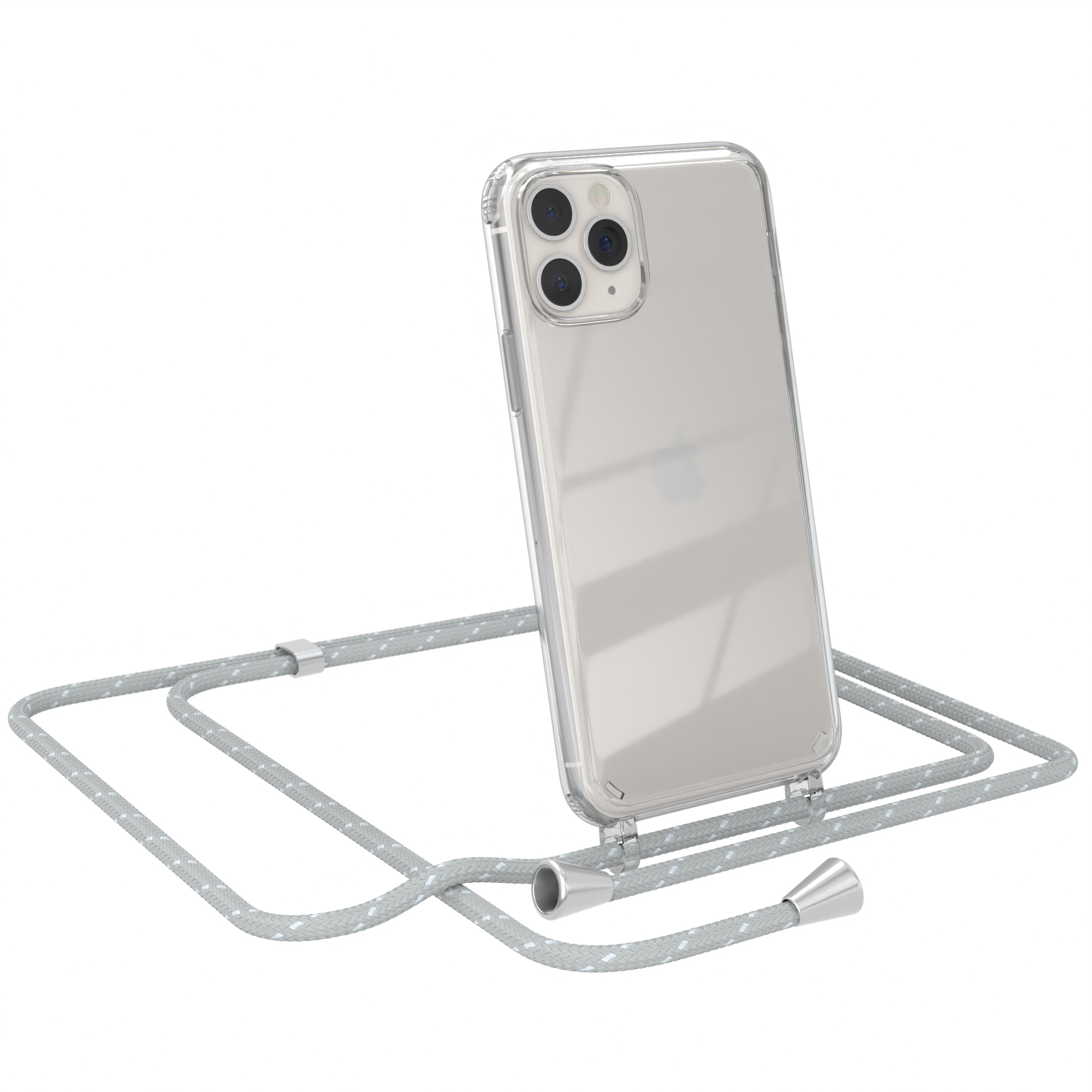 Transparente Handyhülle mit Handy. Telefon hat Kameras und grauen Gurt.