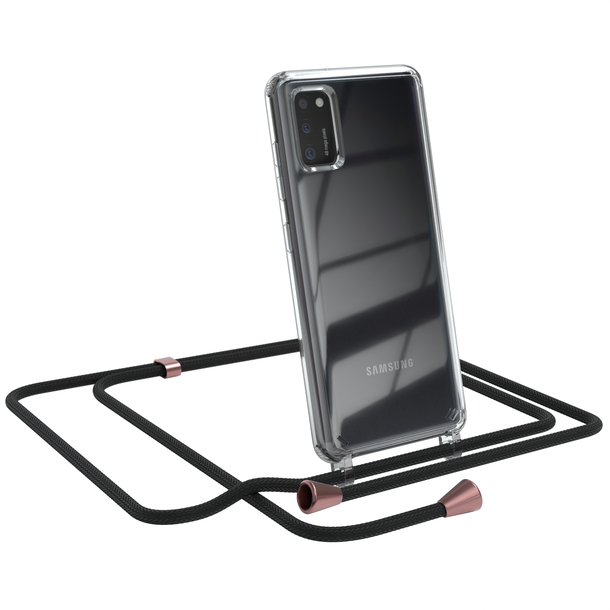 Transparente Handyhülle mit Telefon und schwarzem Umhängeband auf weißem Grund.