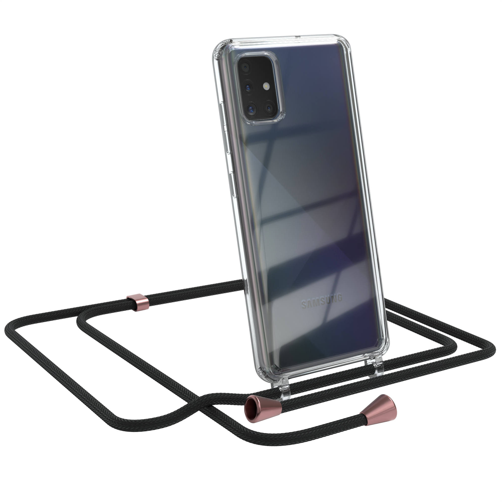 Transparente Handyhülle mit schwarzem Lanyard. Samsung-Handy sichtbar. Weißer Hintergrund.