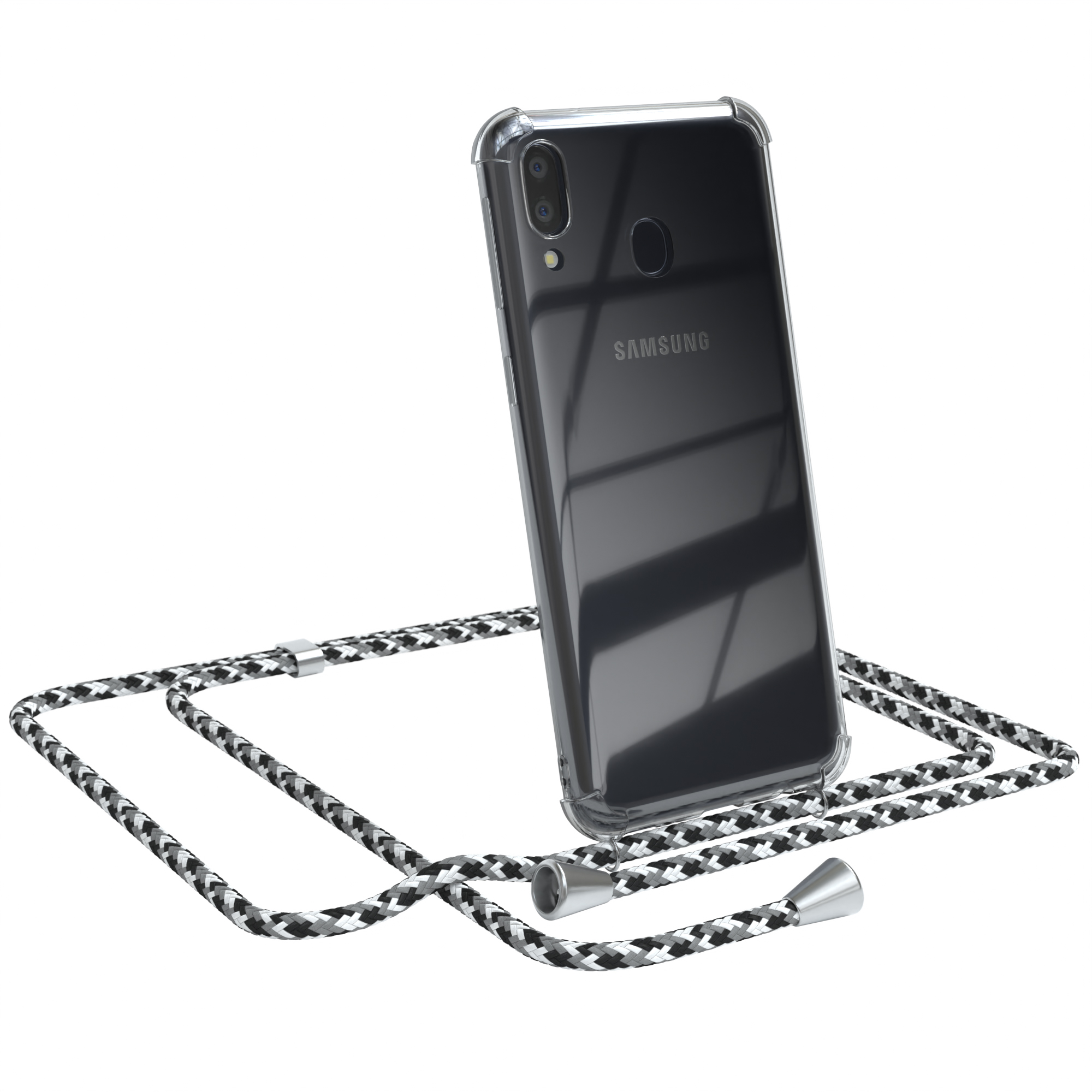 Klare Handyhülle mit schwarz-weißem Kabel. Telefon ist abgewinkelt. Weißer Hintergrund.