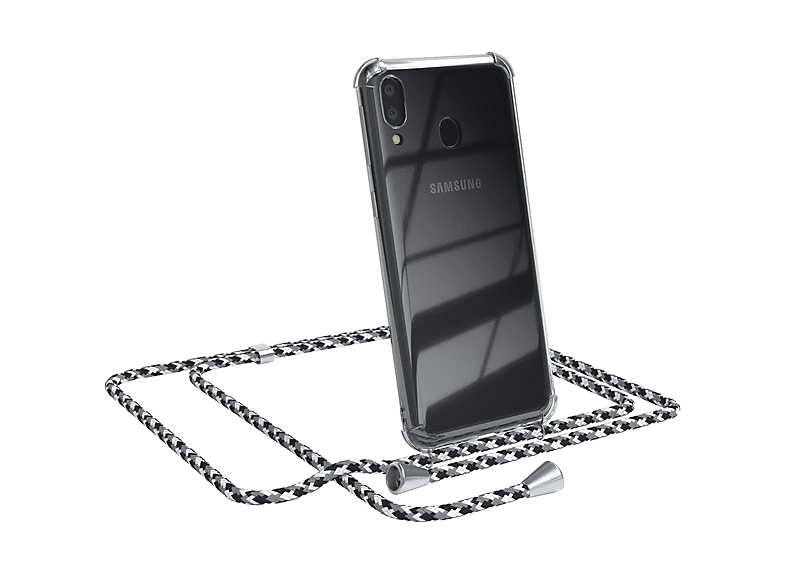EAZY CASE Clear Cover mit Umhängeband, Umhängetasche, Samsung, Galaxy M20, Schwarz Camouflage / Clips Silber