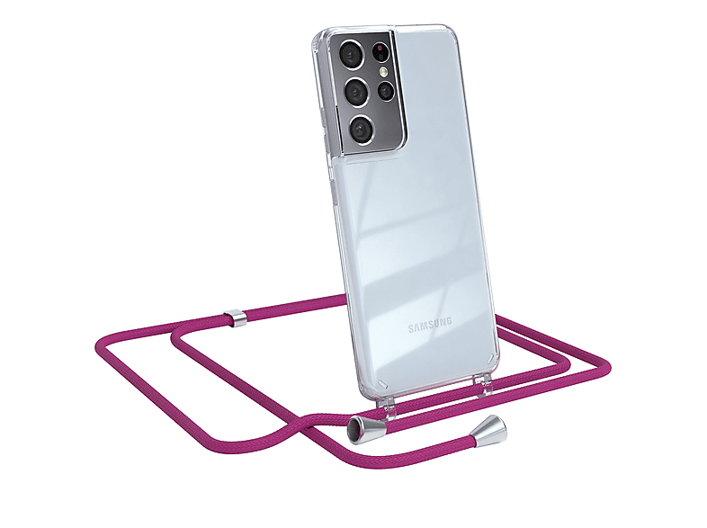 EAZY CASE Clear Cover mit Umhängeband, Umhängetasche, Samsung, Galaxy S21 Ultra 5G, Pink / Clips Silber