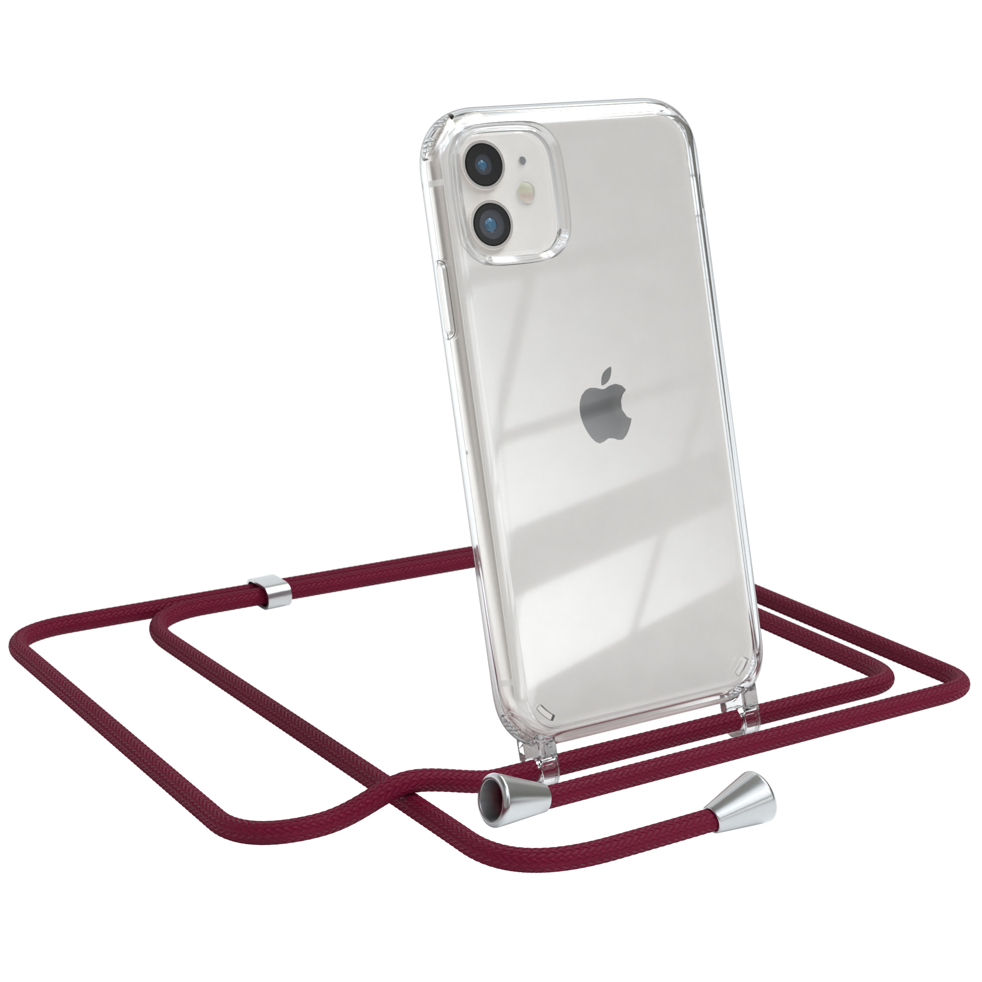Transparente Handyhülle mit burgunderrotem Seil und silbernen Akzenten. Apple iPhone.