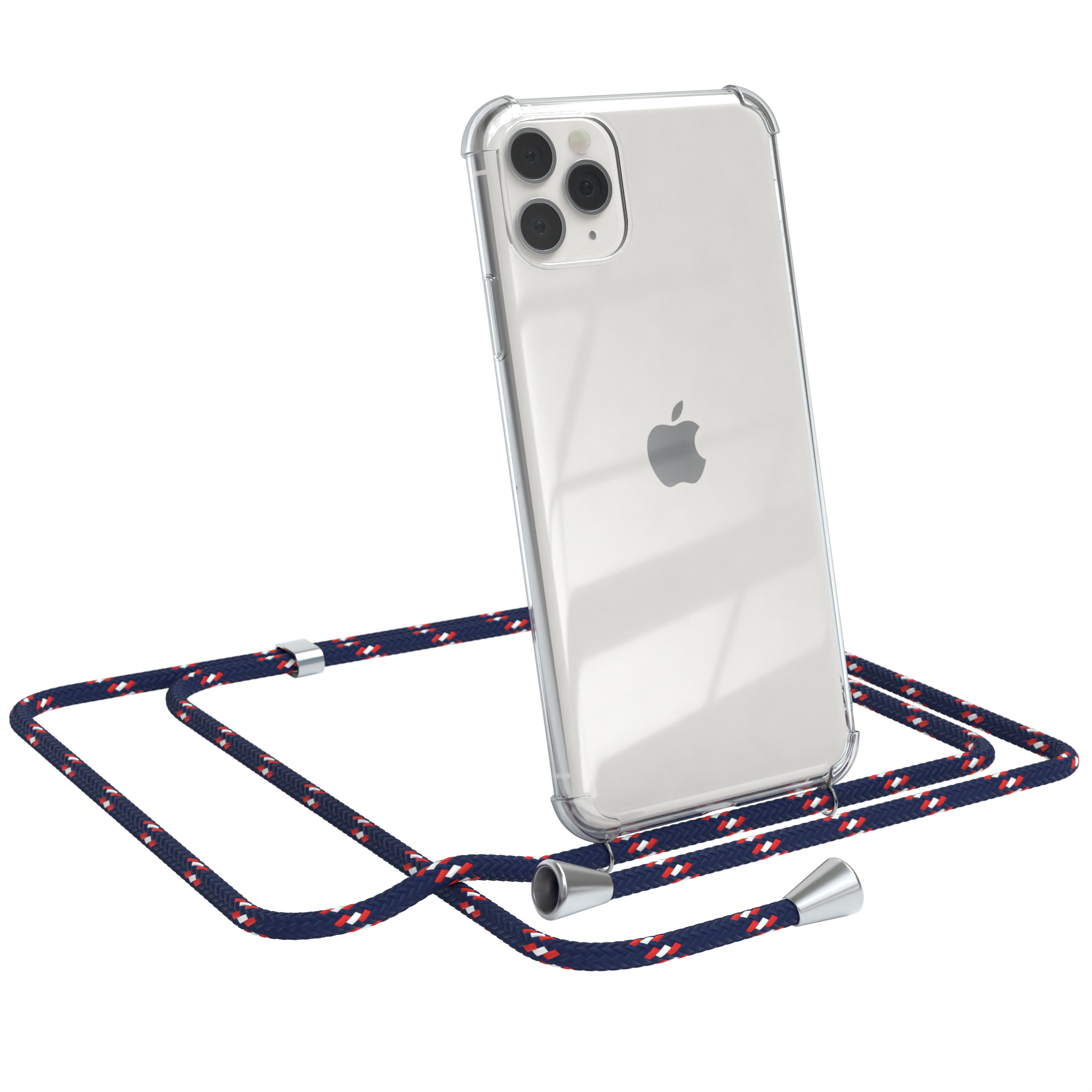 Transparente Handyhülle mit blauem Schlüsselband. Das Telefon ist angewinkelt, die Hülle ist transparent. Ein Apple-Telefon.