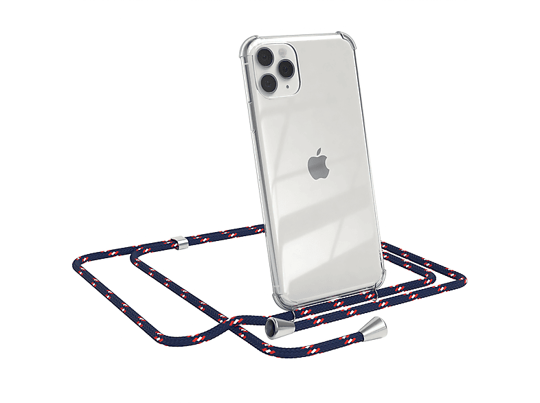 EAZY CASE Clear Cover mit Umhängeband, Umhängetasche, Apple, iPhone 11 Pro Max, Blau Camouflage / Clips Silber