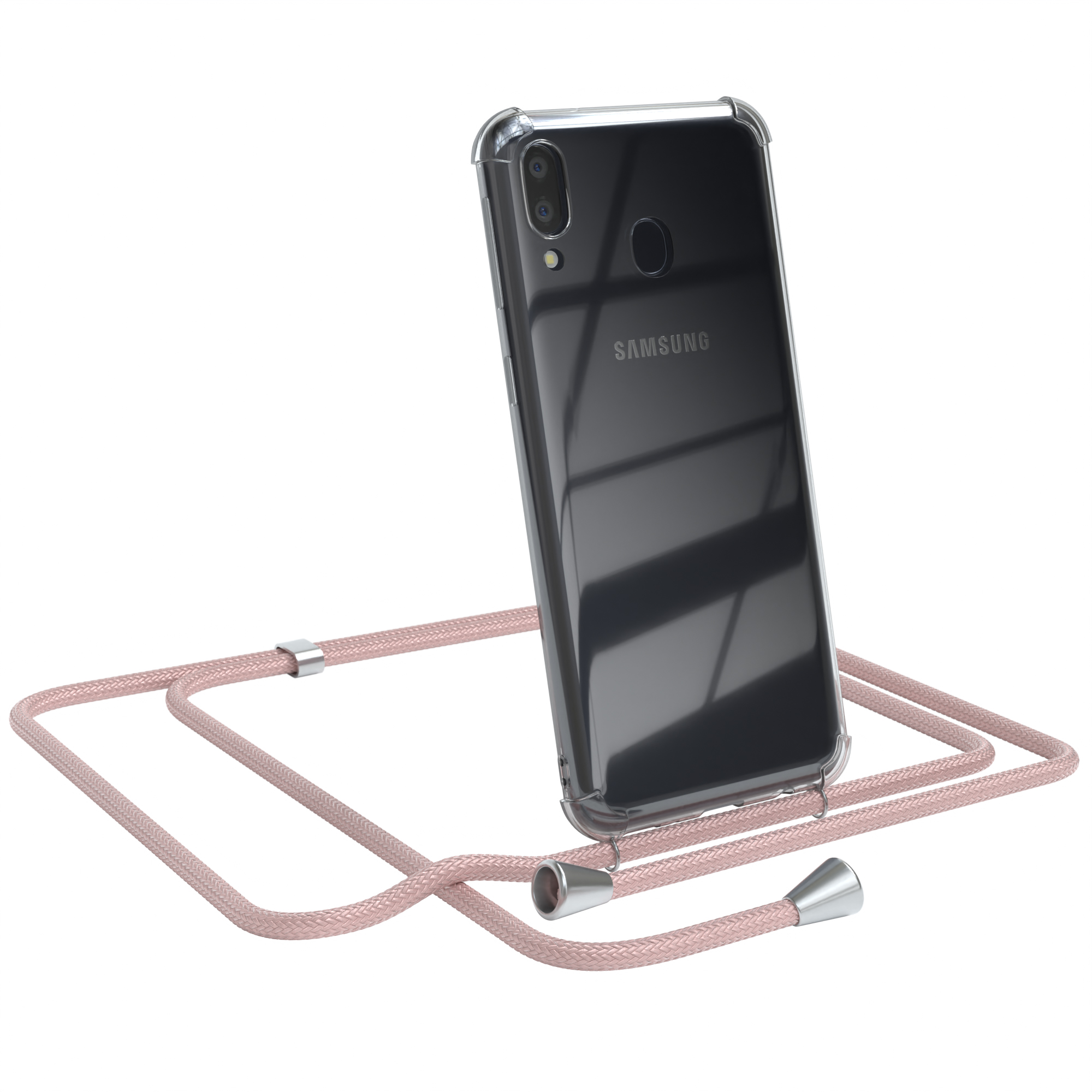 Transparente Handyhülle mit rosa Umhängeband, zeigt ein Samsung-Telefon.