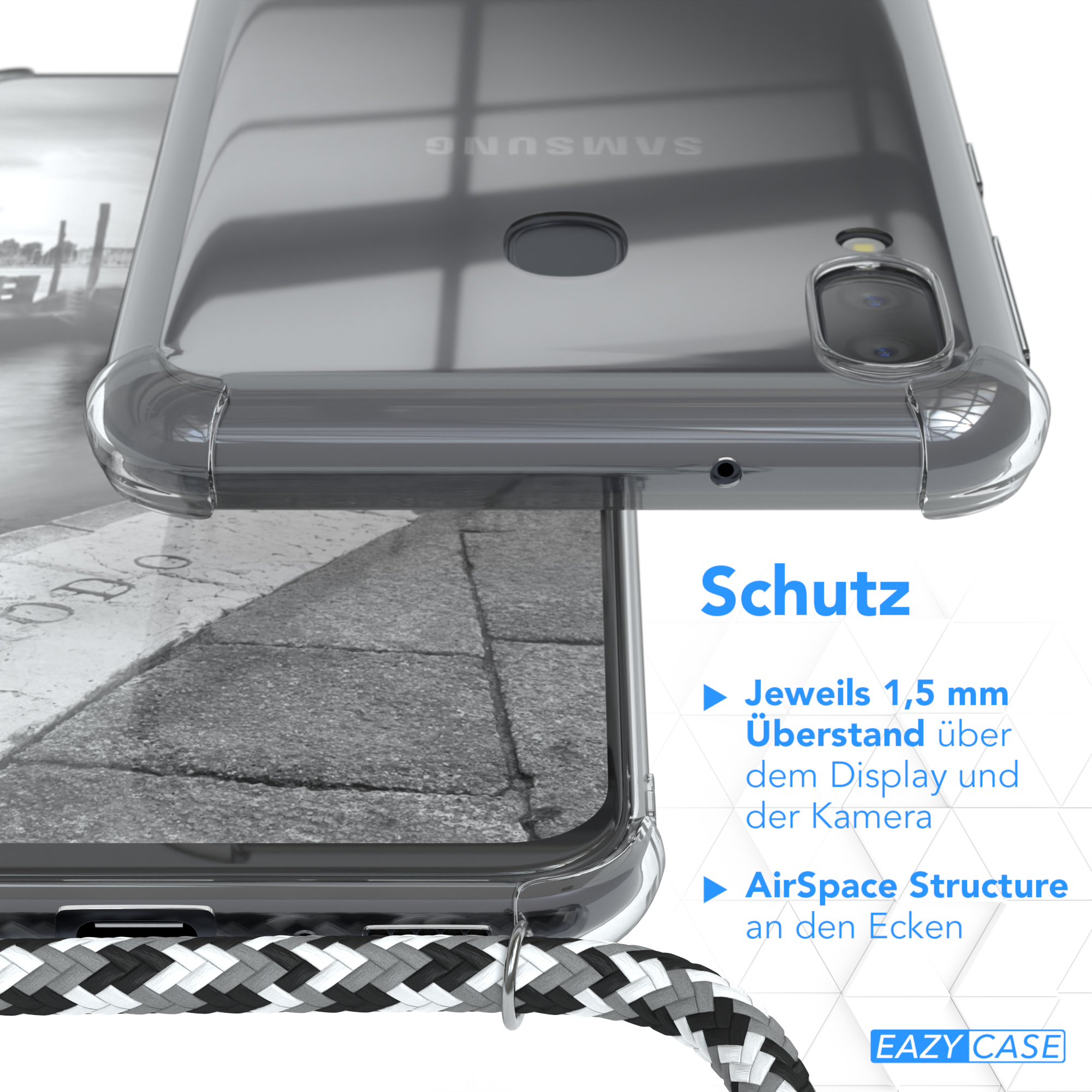 Nahaufnahme zeigt eine Handyhülle mit Telefon. Text hebt Gehäusemerkmale hervor.