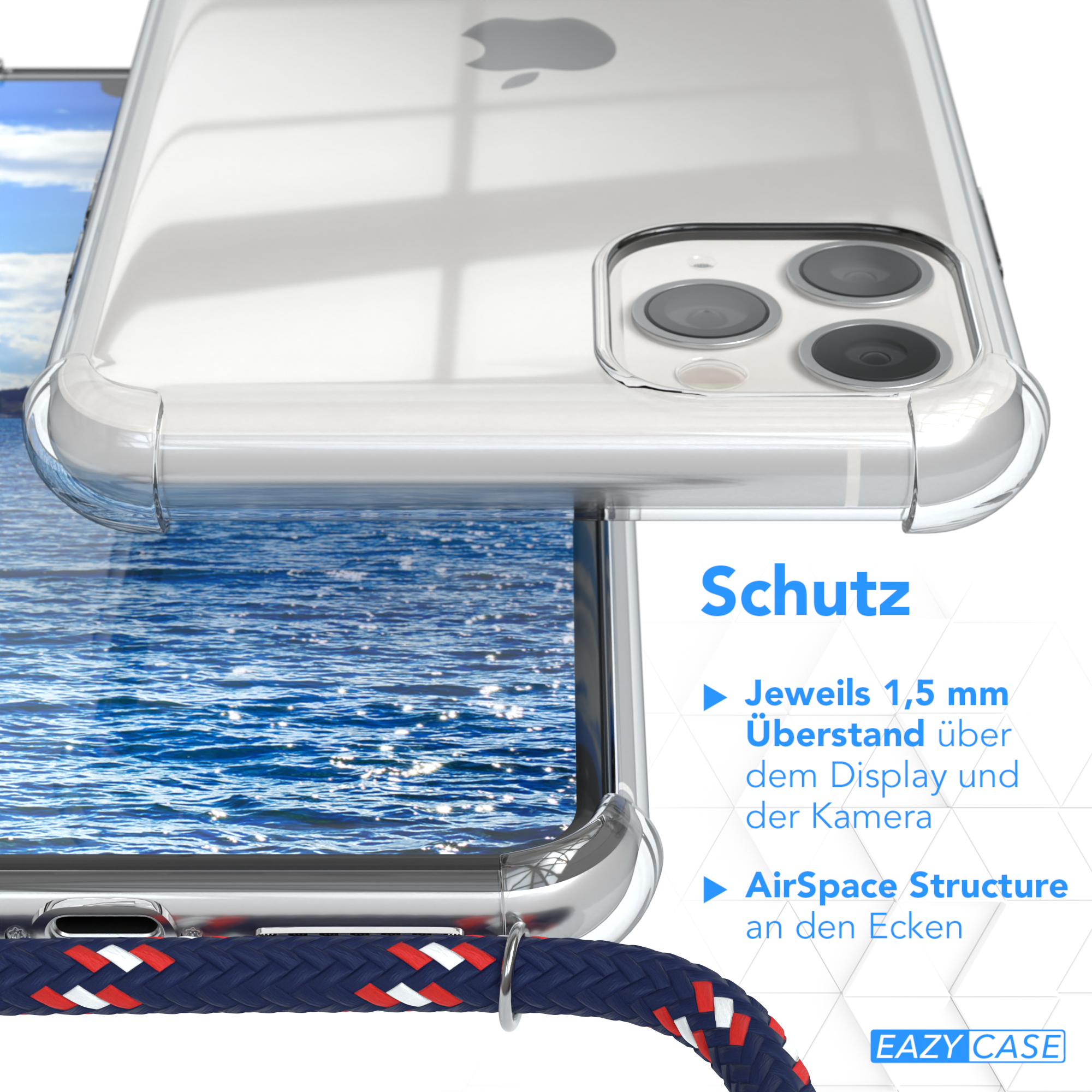 EAZY CASE Clear Max, Clips mit Cover Camouflage Pro Umhängeband, Blau Apple, Umhängetasche, / iPhone Silber 11