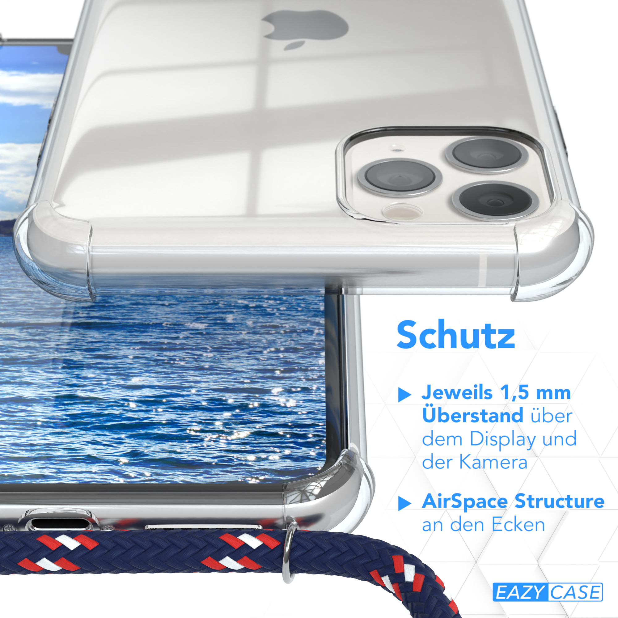 Transparente Handyhülle mit blau-weißem Gurt. Zeigt die Schutzfunktionen.