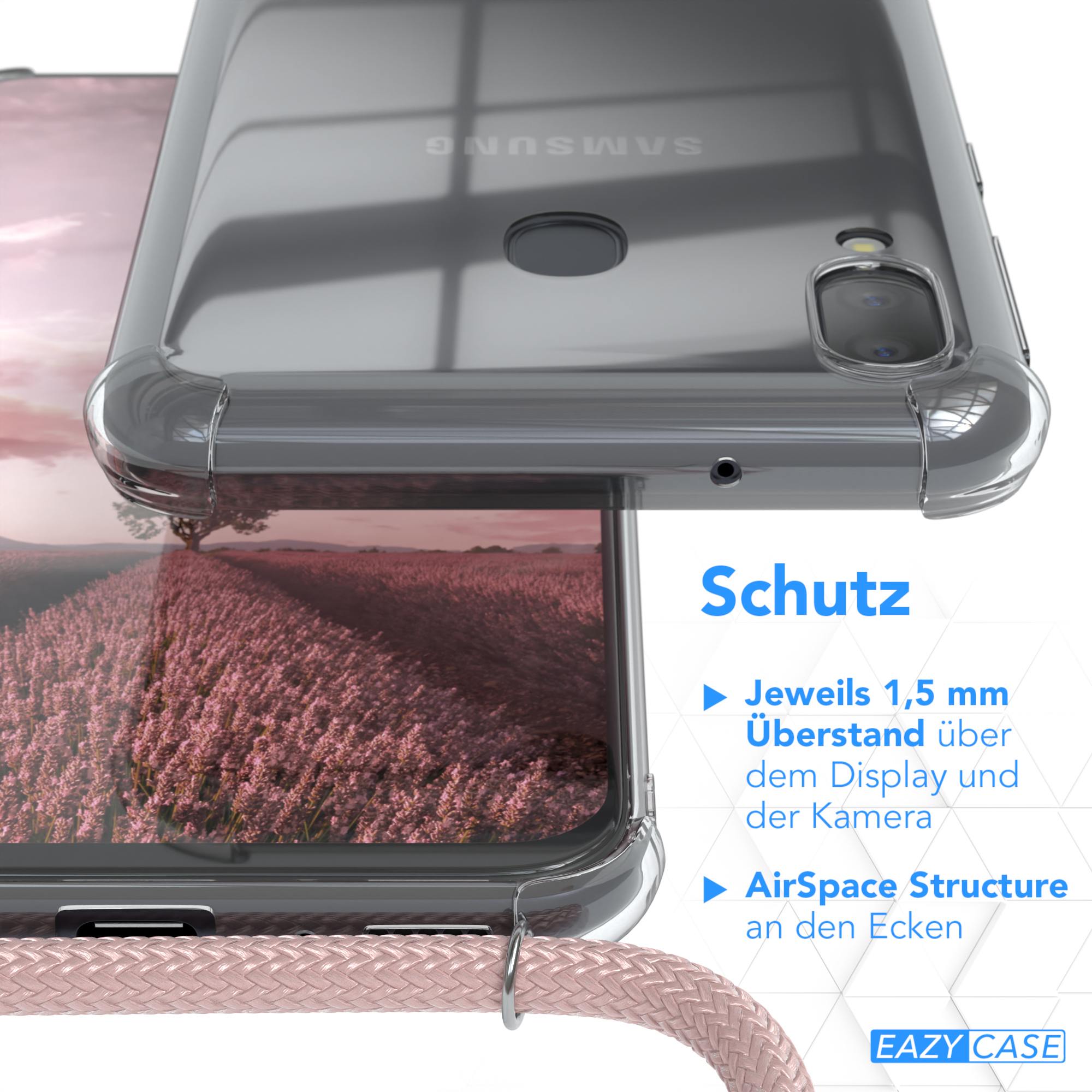 Transparente Handyhülle, die Funktionen zeigt, mit rosa Kordel, Nahaufnahme.