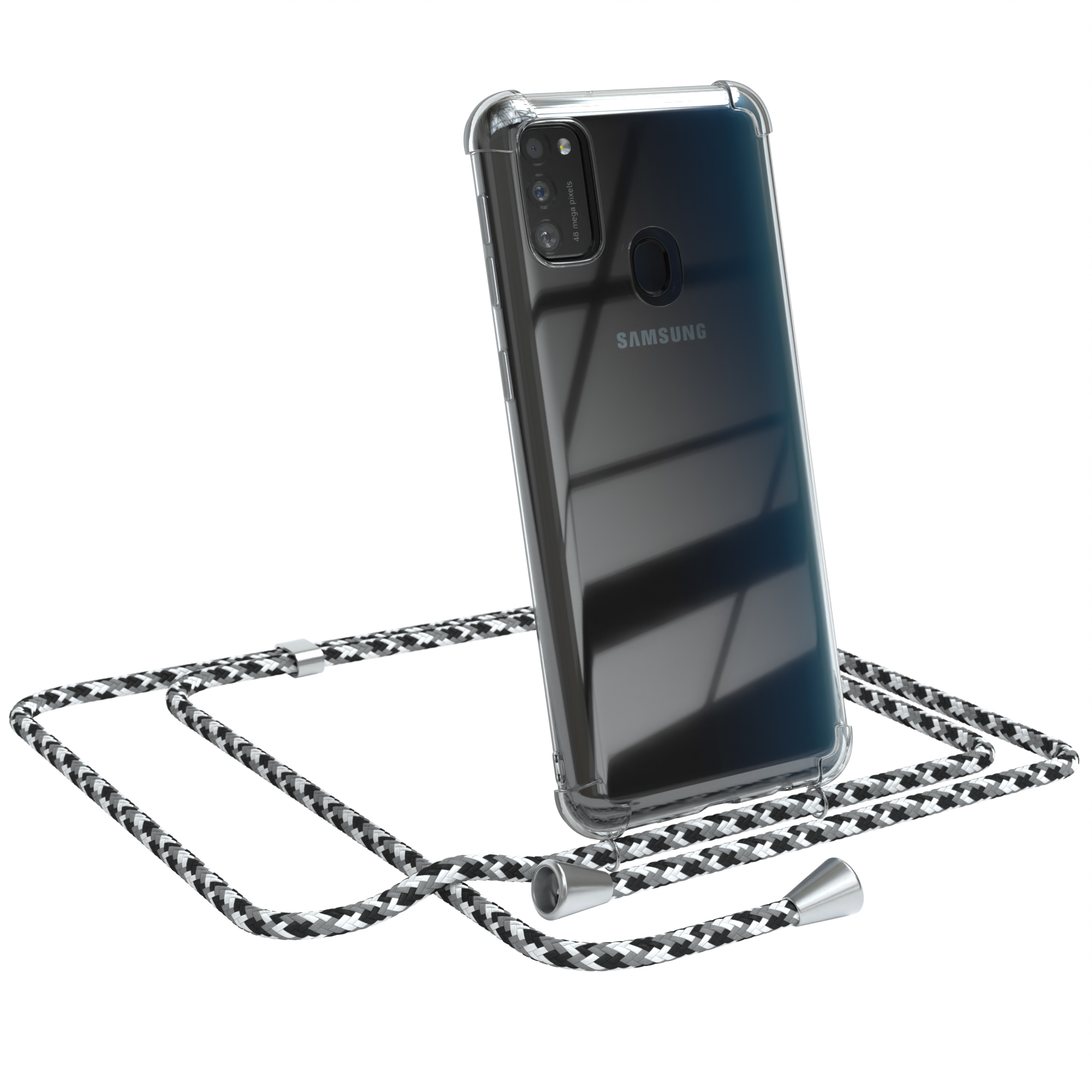Samsung-Telefon in einer transparenten Hülle mit einem schwarz-weißen Schlüsselband. Das Telefon ist auf weißem Hintergrund.
