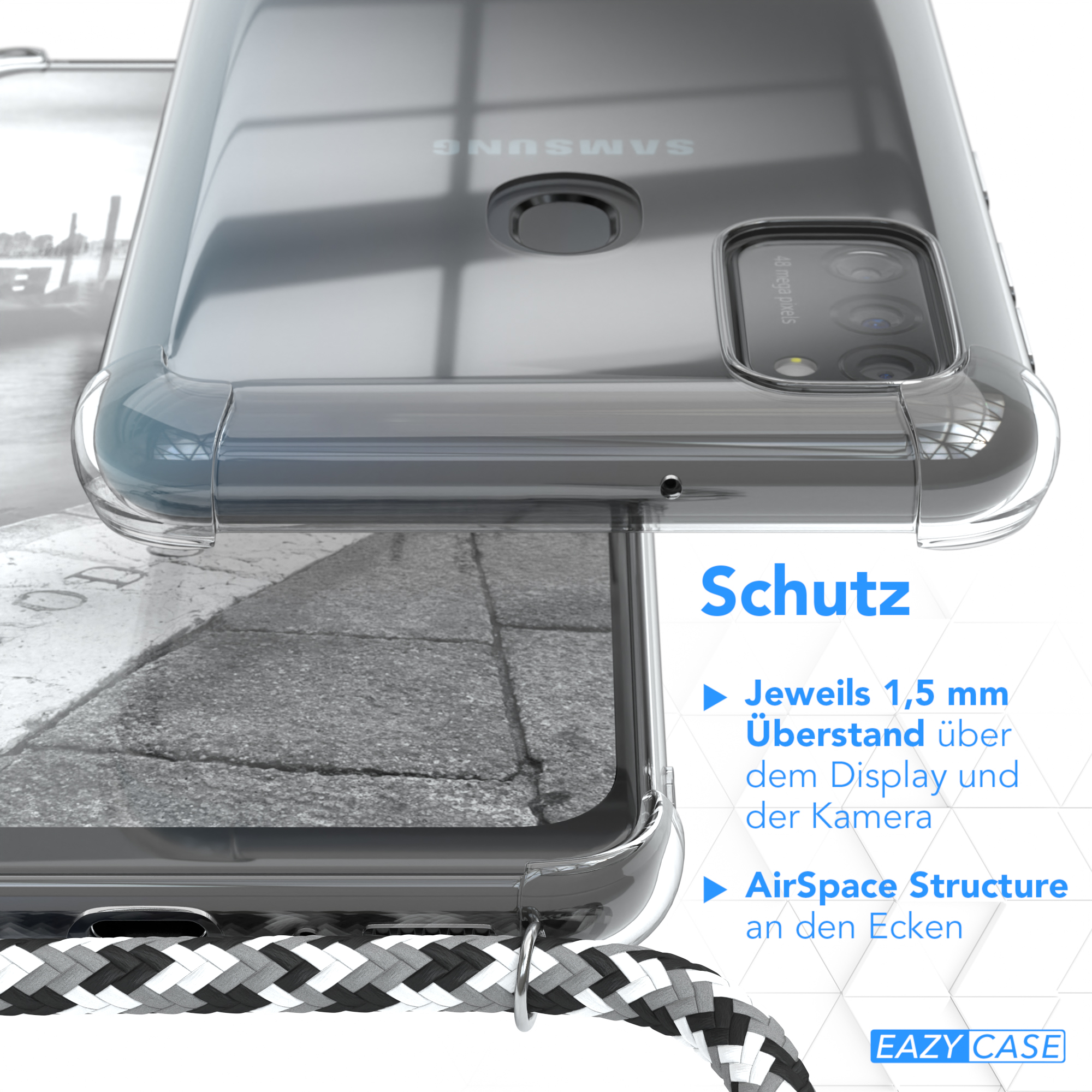 Eine transparente Handyhülle wird gezeigt. Sie schützt das Telefon. Die Hülle hat erhöhte Kanten und AirSpace Structure.