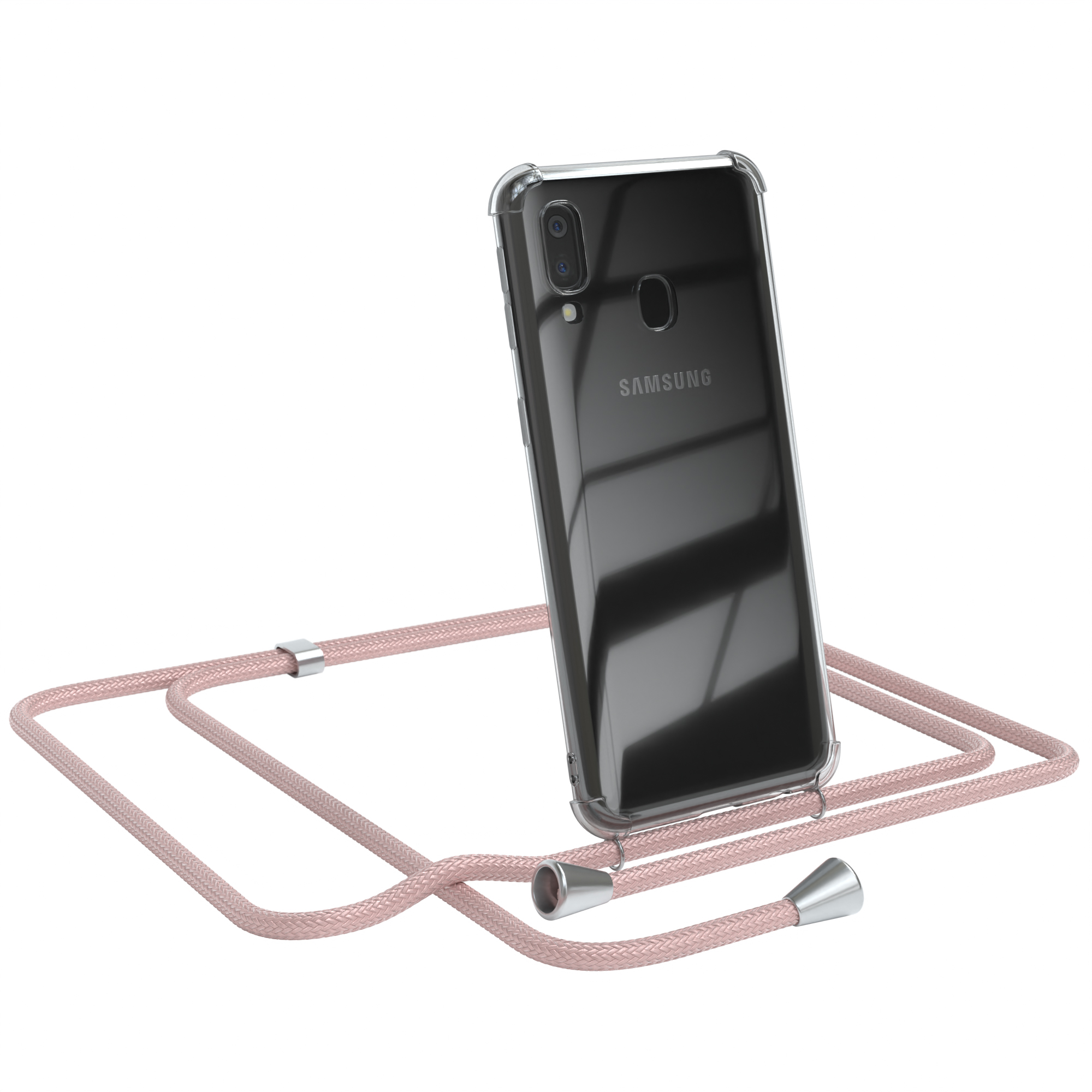 Transparente Handyhülle mit rosa Kordel. Samsung.