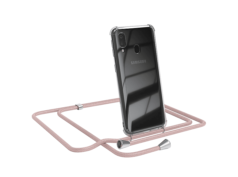 EAZY CASE Clear Cover mit Umhängeband, Umhängetasche, Samsung, Galaxy A40, Rosé / Clips Silber