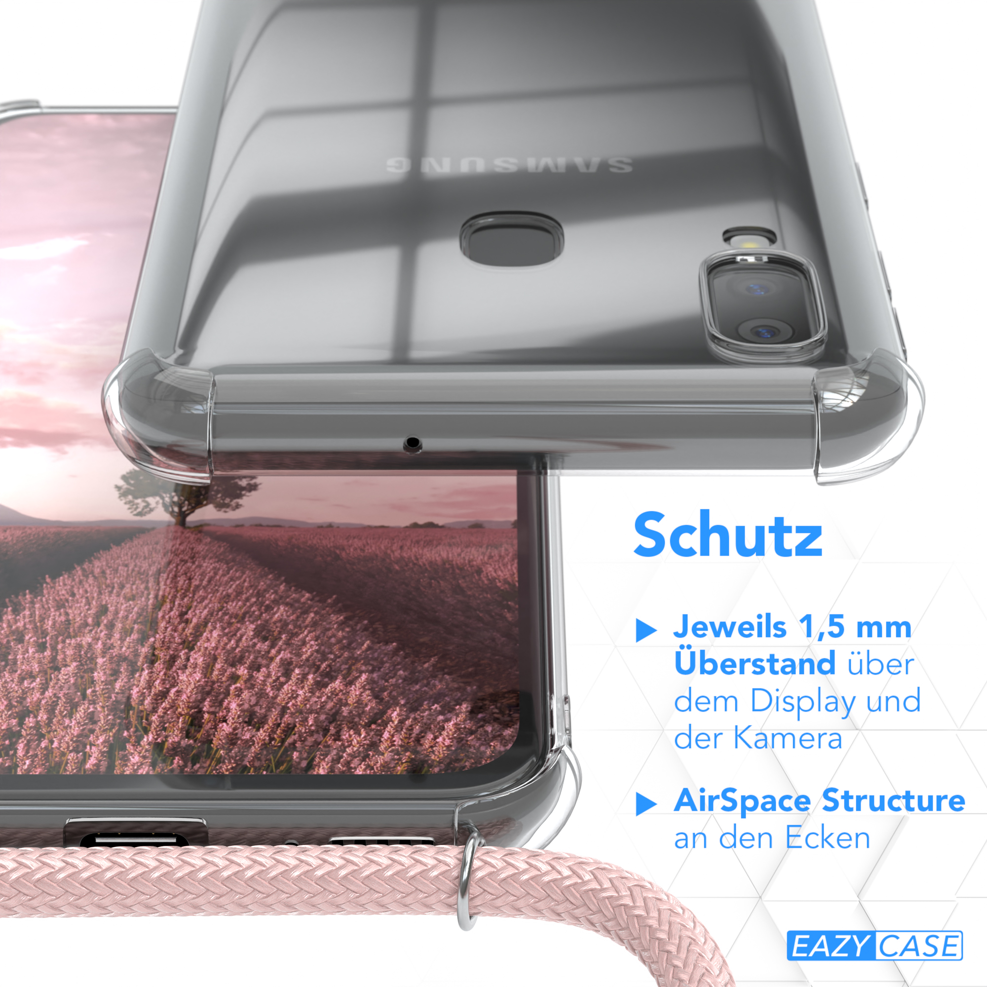 Nahaufnahme einer Handyhülle mit Schutzfunktionen. Ein Feld mit rosa Blumen ist im Hintergrund unscharf.