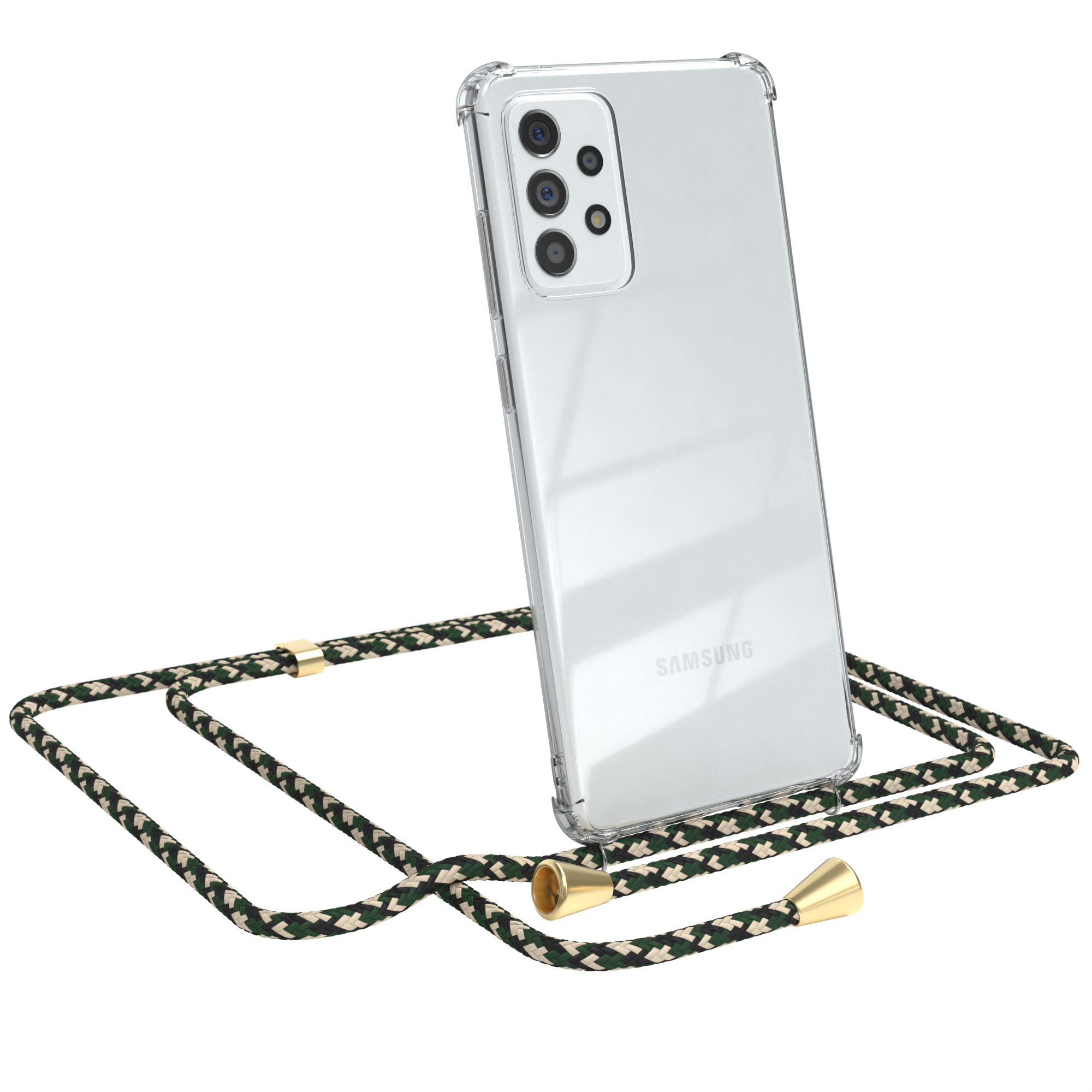 Transparente Handyhülle mit Camo-Umhängeband, Samsung-Logo. Weißer Hintergrund.