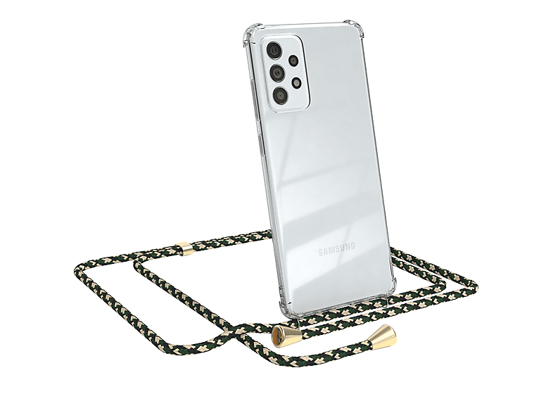 EAZY CASE Clear Cover mit Umhängeband, Umhängetasche, Samsung, Galaxy A72 / A72 5G, Grün Camouflage / Clips Gold