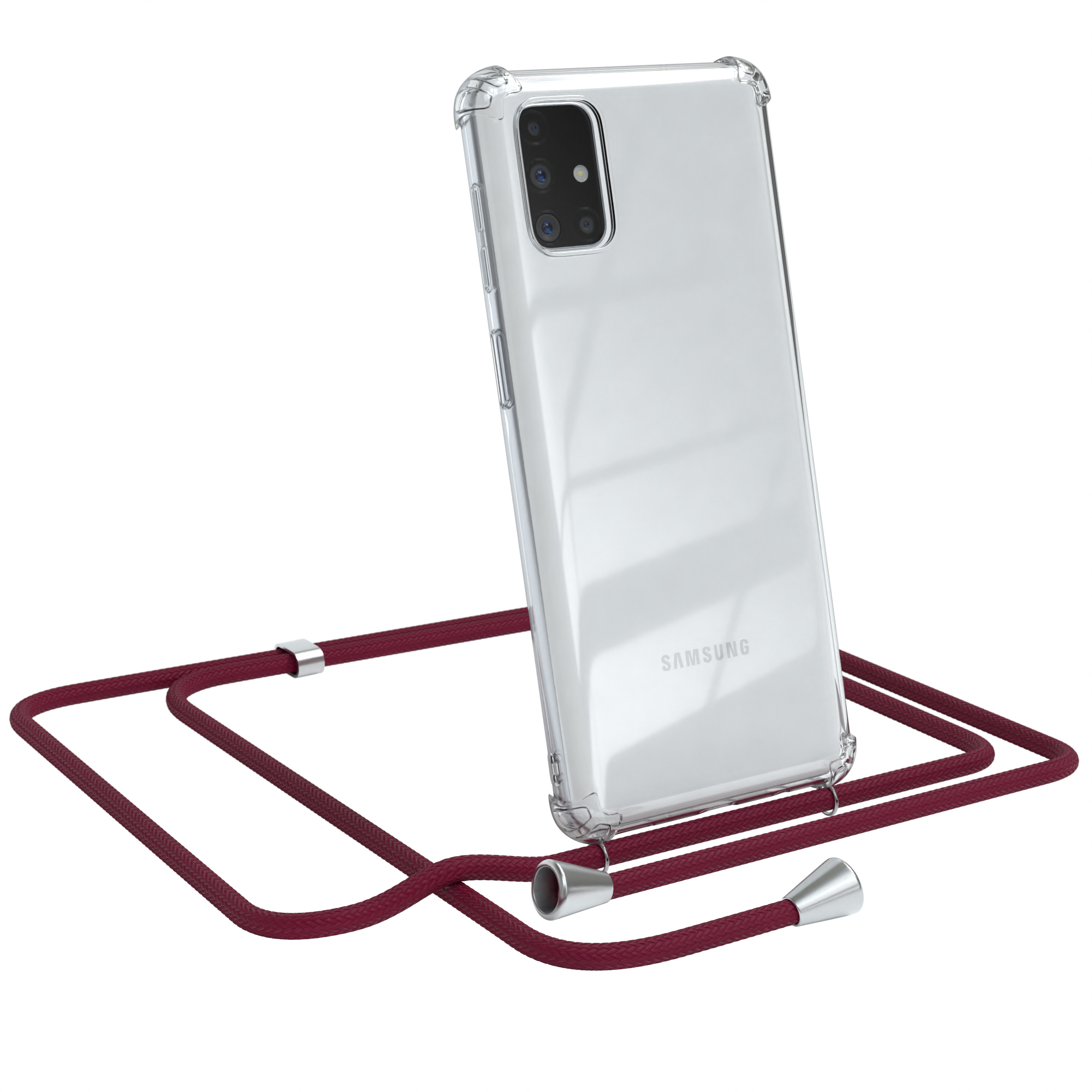 Transparente Handyhülle mit weinrotem Band, Marke Samsung. Weißer Hintergrund.