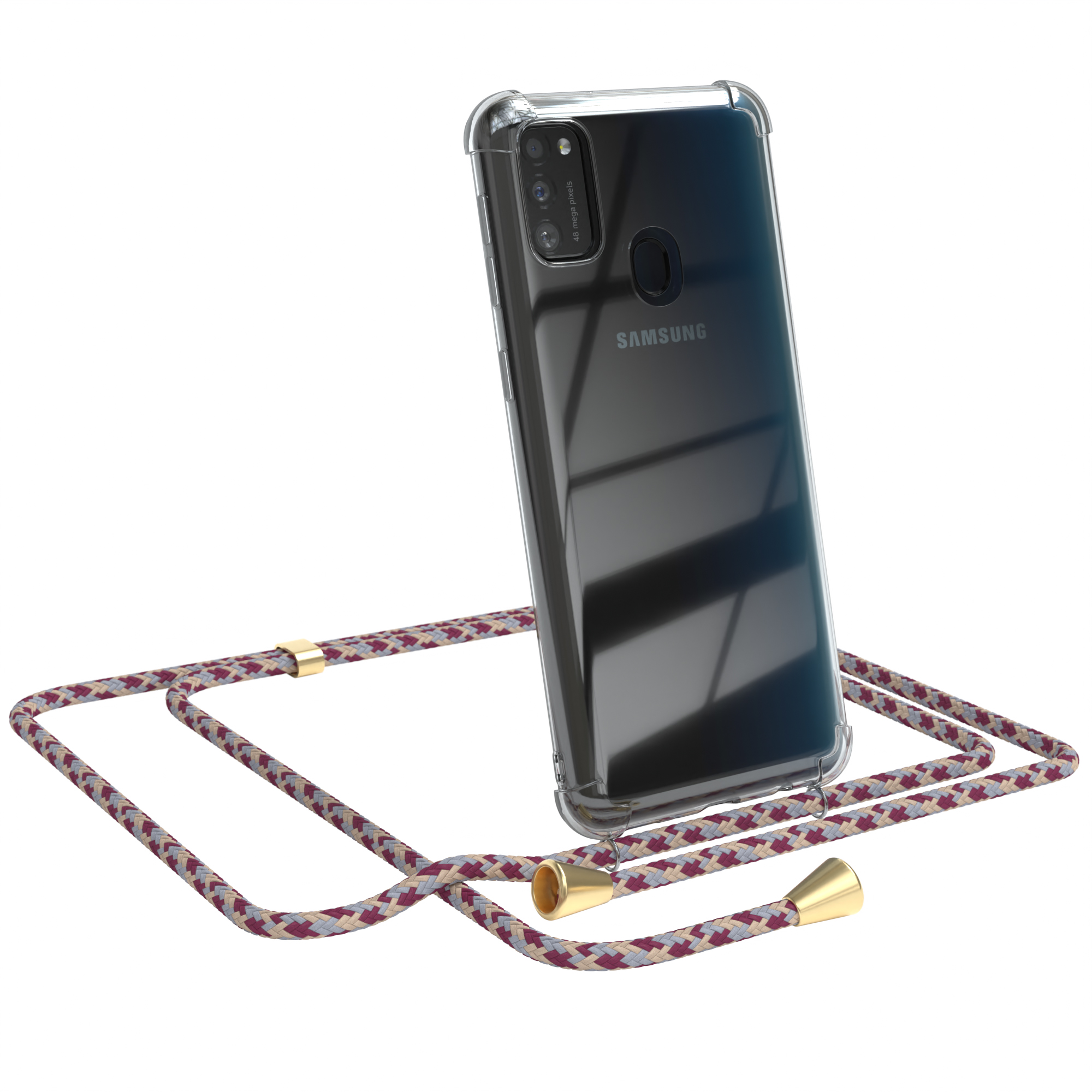 Ein Telefon in einer transparenten Hülle mit einer lila, weißen und roten Kordel. Weißer Hintergrund.
