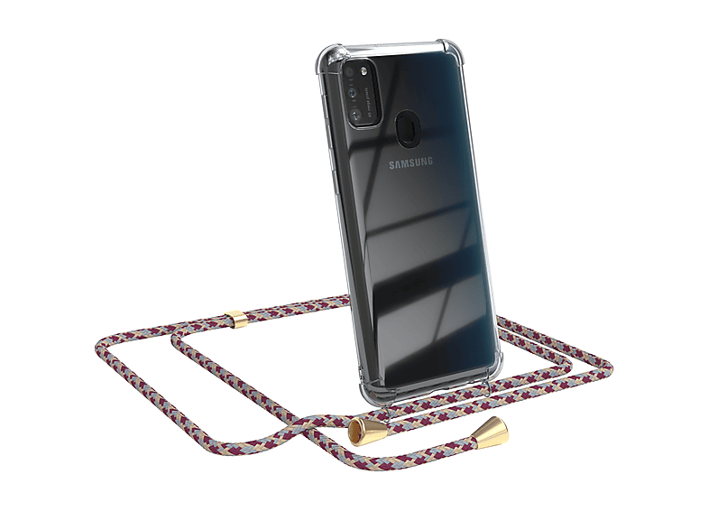 EAZY CASE Clear Cover mit Umhängeband, Umhängetasche, Samsung, Galaxy M30s / M21, Rot Beige Camouflage / Clips Gold
