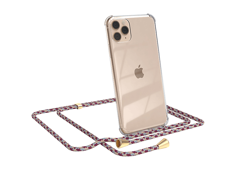 EAZY CASE Clear Cover mit Umhängeband, Umhängetasche, Apple, iPhone 11 Pro Max, Rot Beige Camouflage / Clips Gold