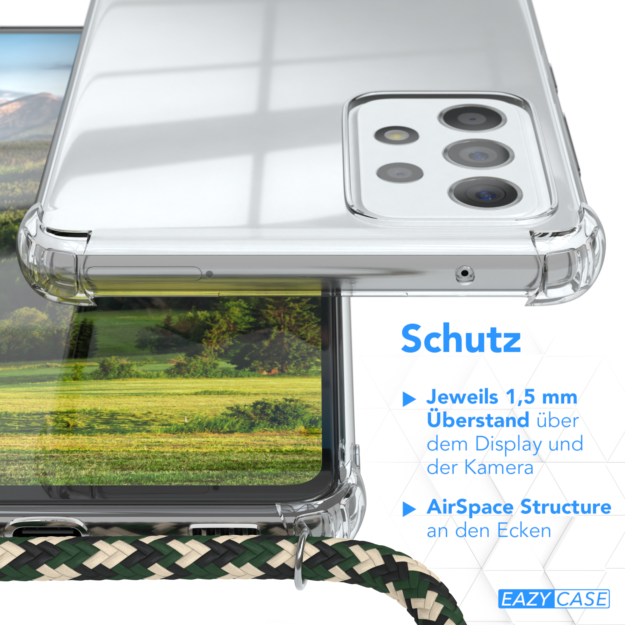 Eine transparente Handyhülle mit grün-weißem Band. Text: Schutz, 1,5 mm Überstand.