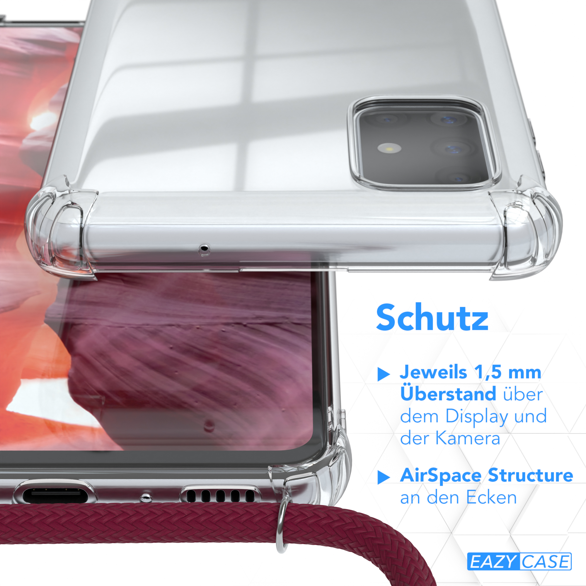 Detail einer durchsichtigen Handyhülle mit Text 'Schutz' und AirSpace Structure.