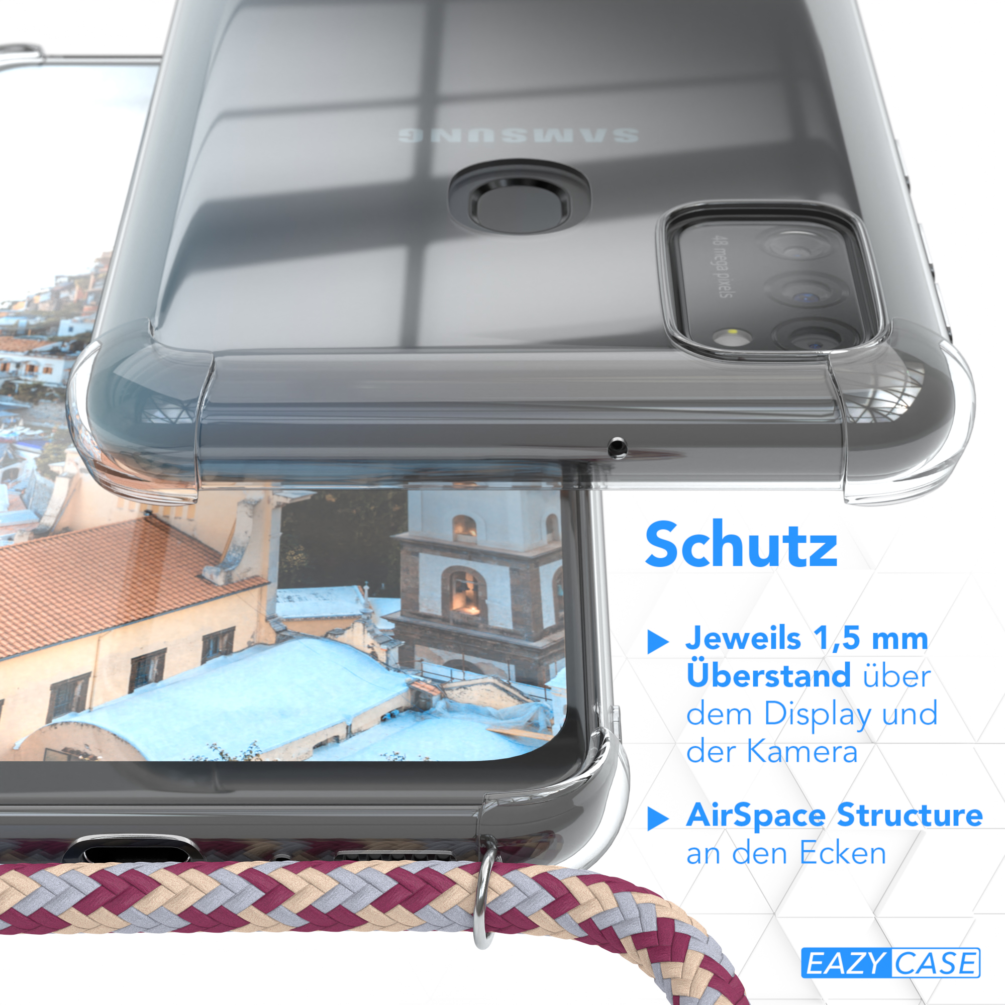Transparente Handyhülle, Kamera und Ecken zeigend. Schutzdesign mit deutschem Text.