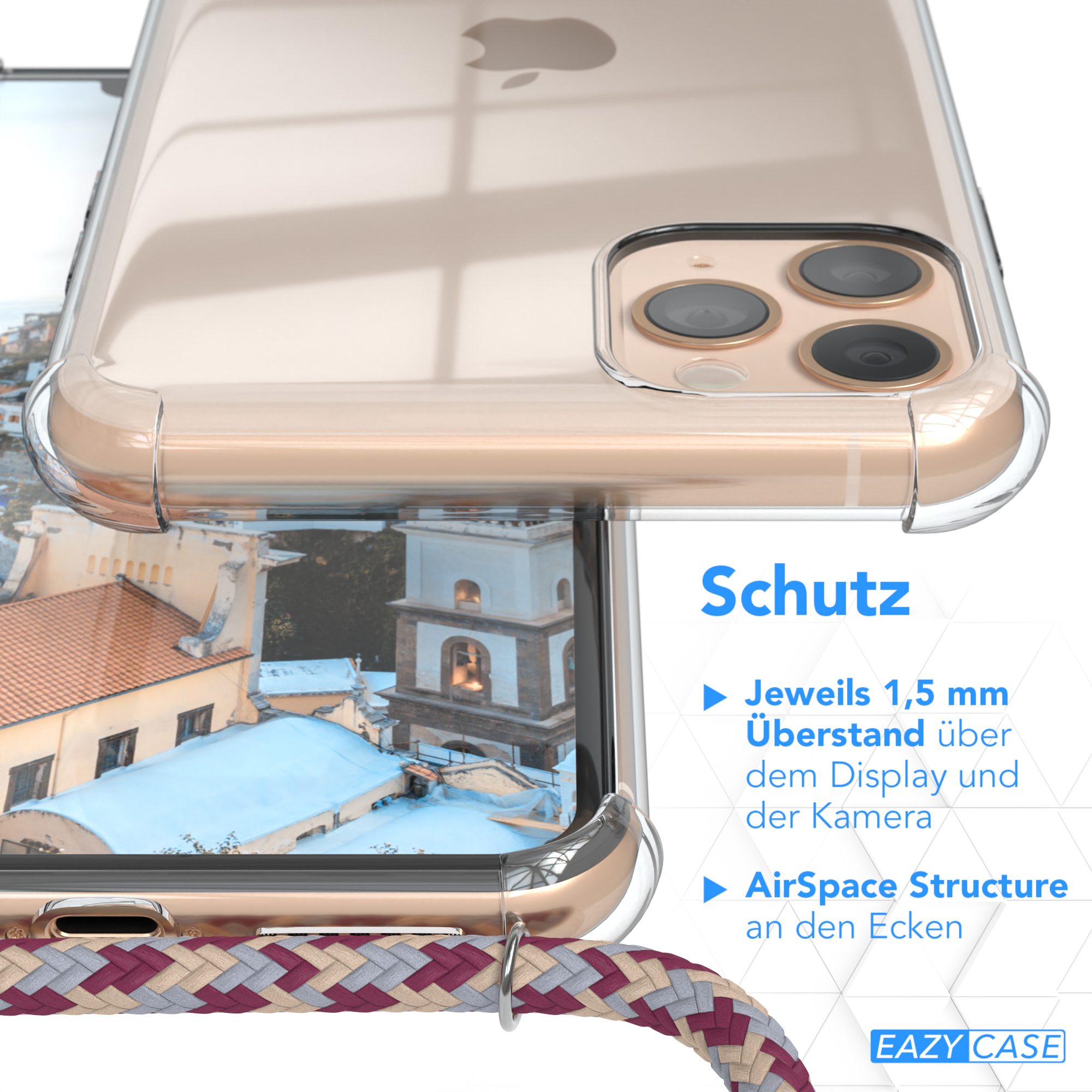 Transparente Handyhülle mit Kordel. Text weist auf Bildschirm- und Kameraschutz hin.